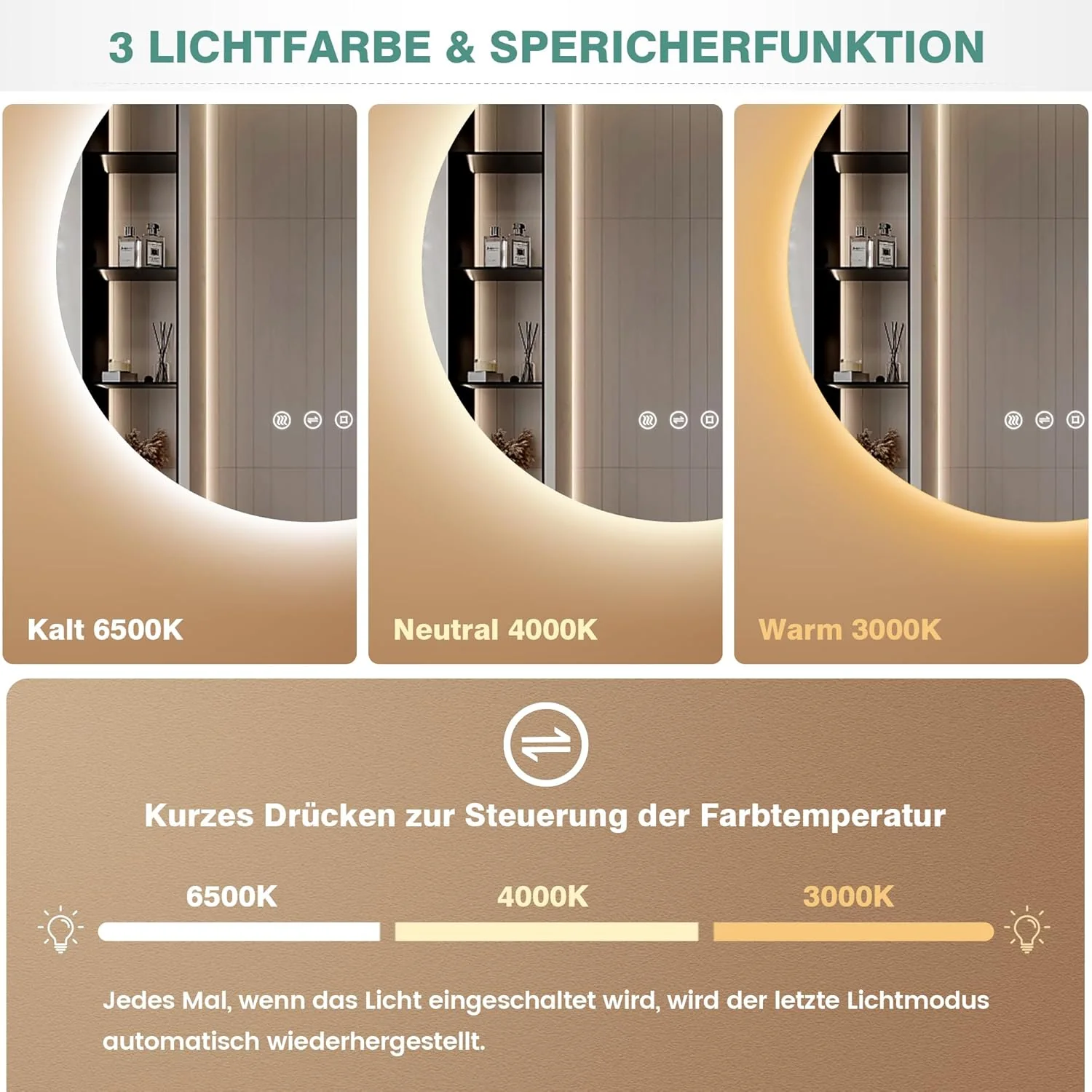 Runder Badspiegel mit Beleuchtung, 3 Lichtfarben, Dimmbar, Touch-Schalter, 70cm Badezimmer Spiegel m - Image 2