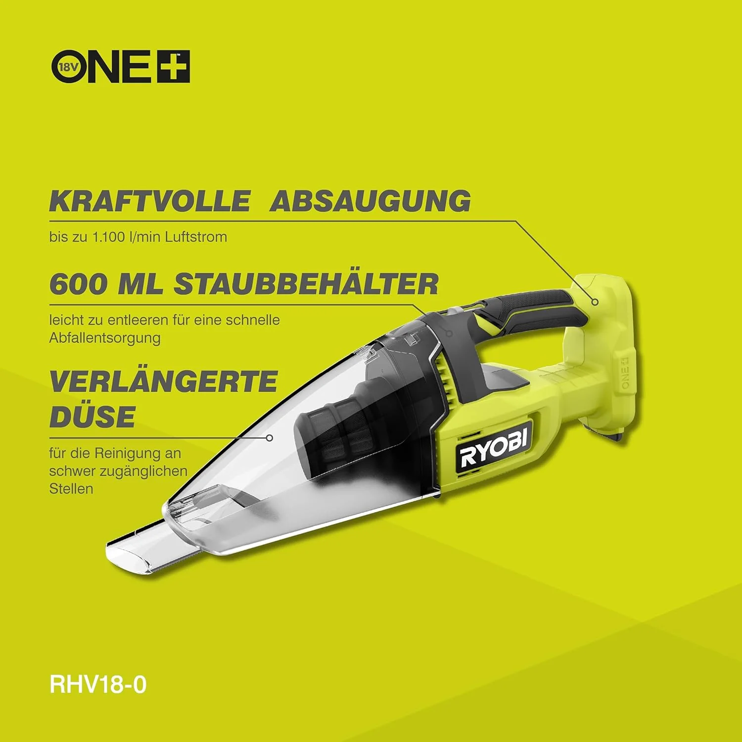 RYOBI 18 V ONE+ Akku-Handsauger RHV18-0 (bis zu 1.450 l/min Luftstrom, 600-ml-Staubbehälter, 34 Air - Image 2