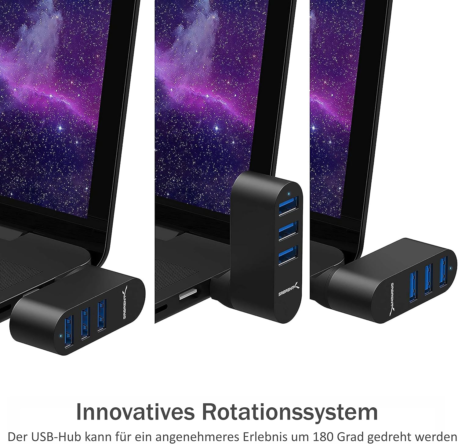 SABRENT Premium 3 Port Aluminium Mini USB 3.0 Hub [um 90 ° / 180 ° drehbar] (HB-R3MB) 3 port Schwarz - Image 4