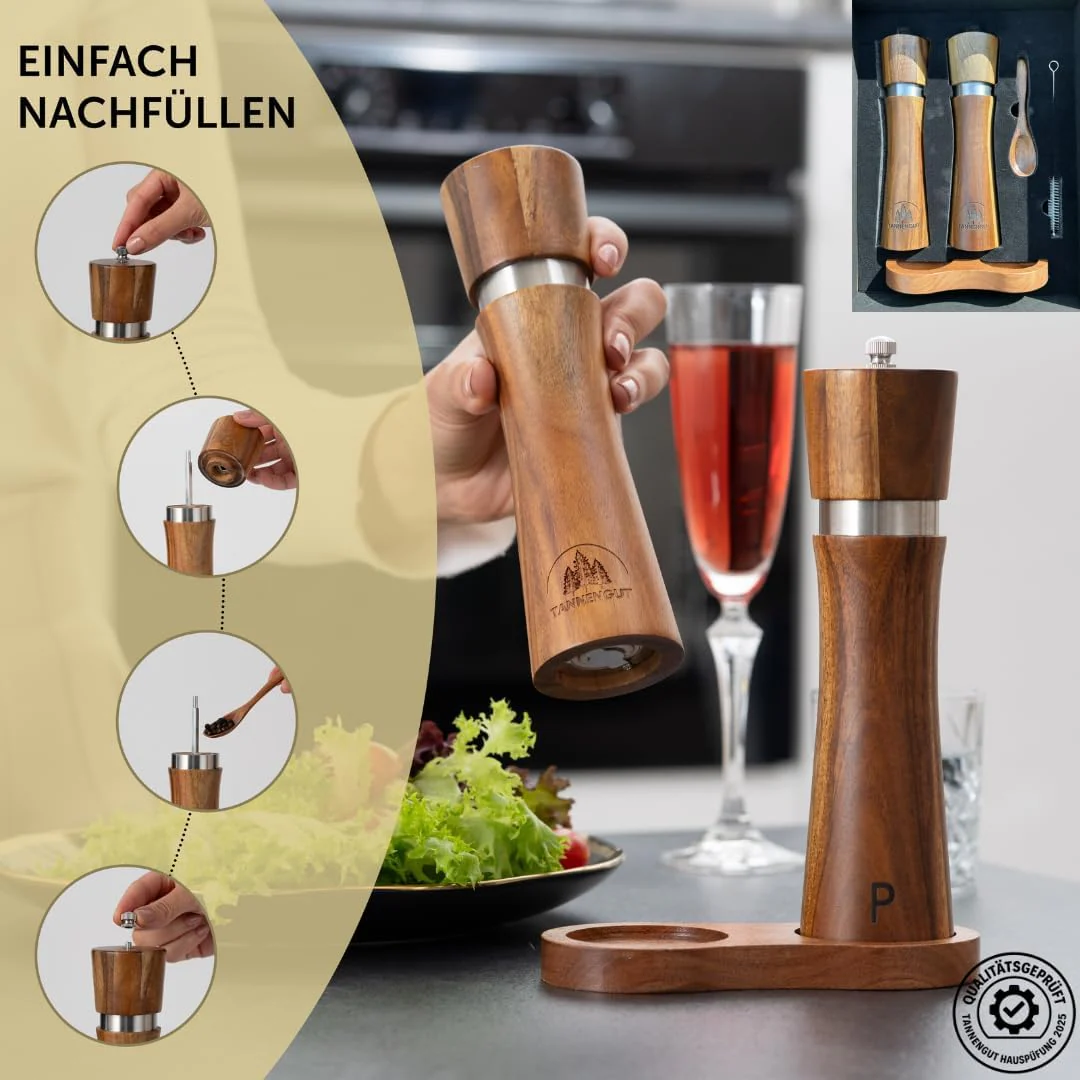 Salz und Pfeffermühle (5-teilig) |Gewürzmühlen aus Holz mit Untersetzer Löffel und Bürste |Keramikma - Image 3