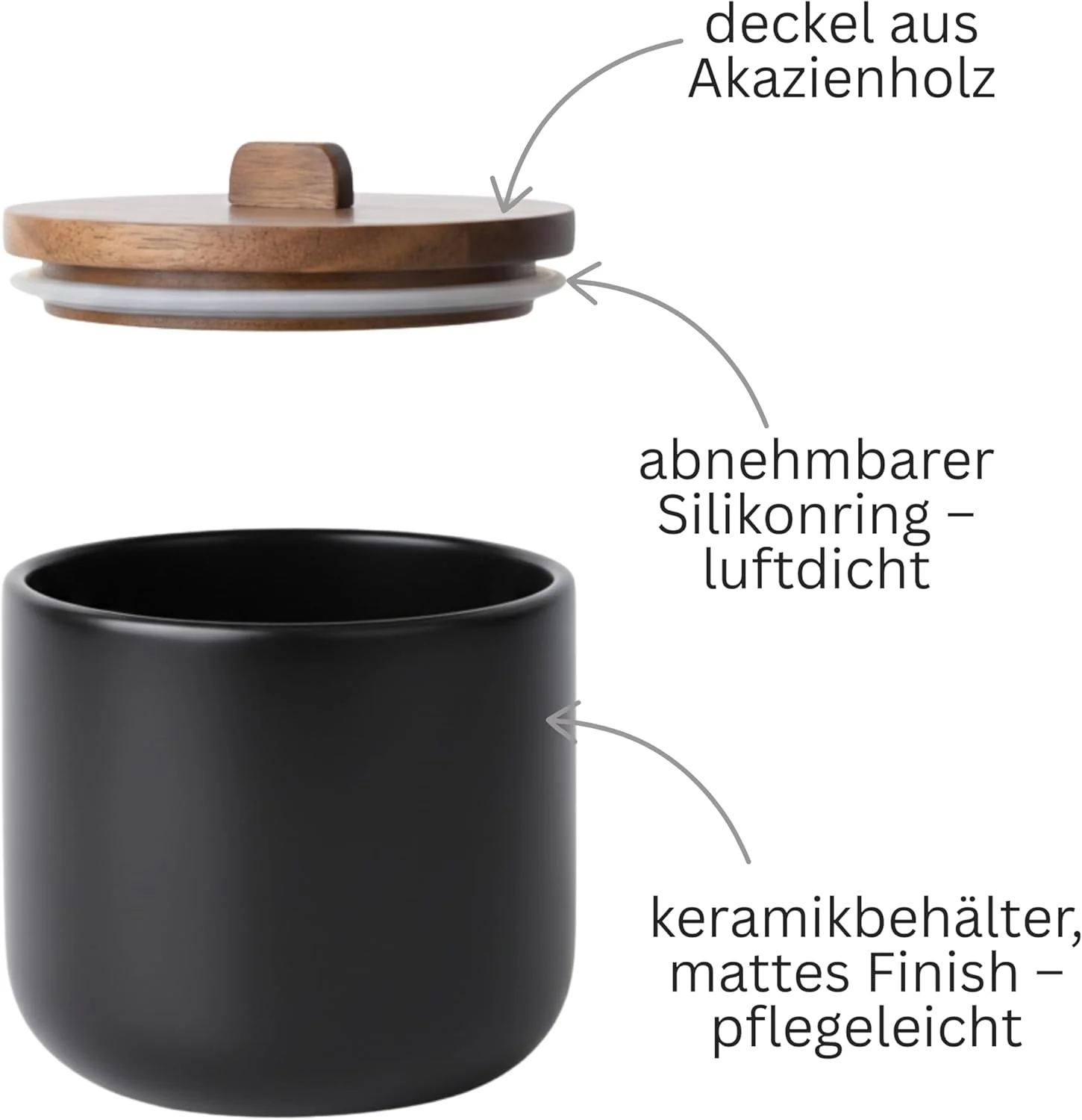 Salztopf Keramik CURVE - Luftdichte Salzdose mit Deckel aus Akazienholz. Grosse Öffnung, Ideal als S - Image 2