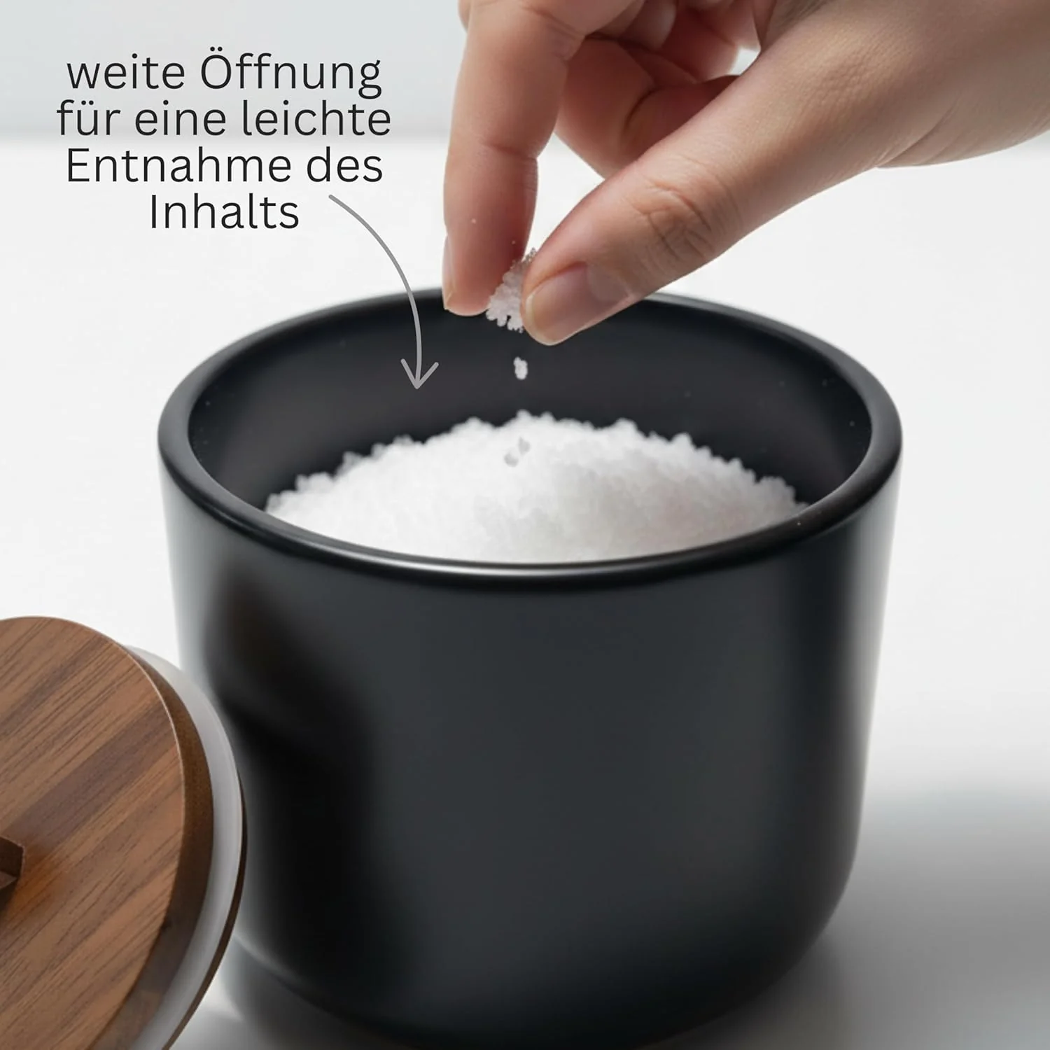 Salztopf Keramik CURVE - Luftdichte Salzdose mit Deckel aus Akazienholz. Grosse Öffnung, Ideal als S - Image 3