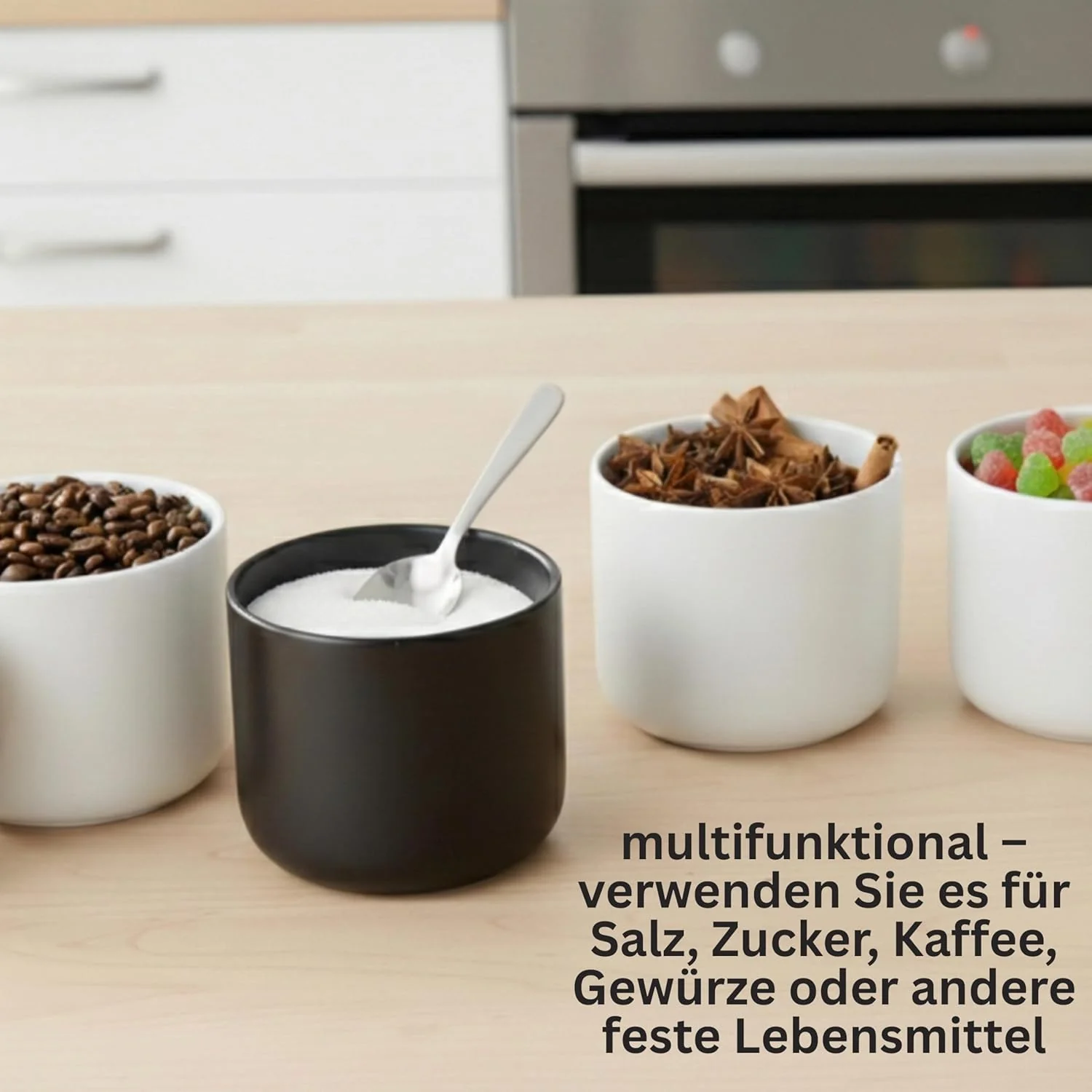 Salztopf Keramik CURVE - Luftdichte Salzdose mit Deckel aus Akazienholz. Grosse Öffnung, Ideal als S - Image 5