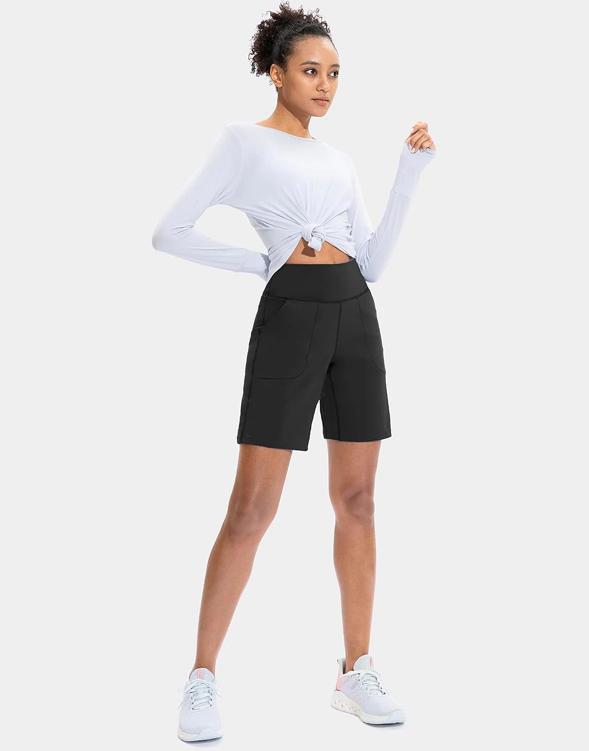 SANTINY Bermudashorts für Frauen mit Reissverschlusstasche, hohe Taille, lange Shorts für Laufen, Wo - Image 6