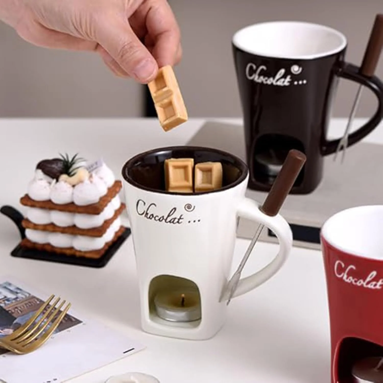Schokofondue Tasse,200ml Keramik Schokoladenfondue Set,Becher zum Schmelzen von Schokolade,Fondue Se - Image 2