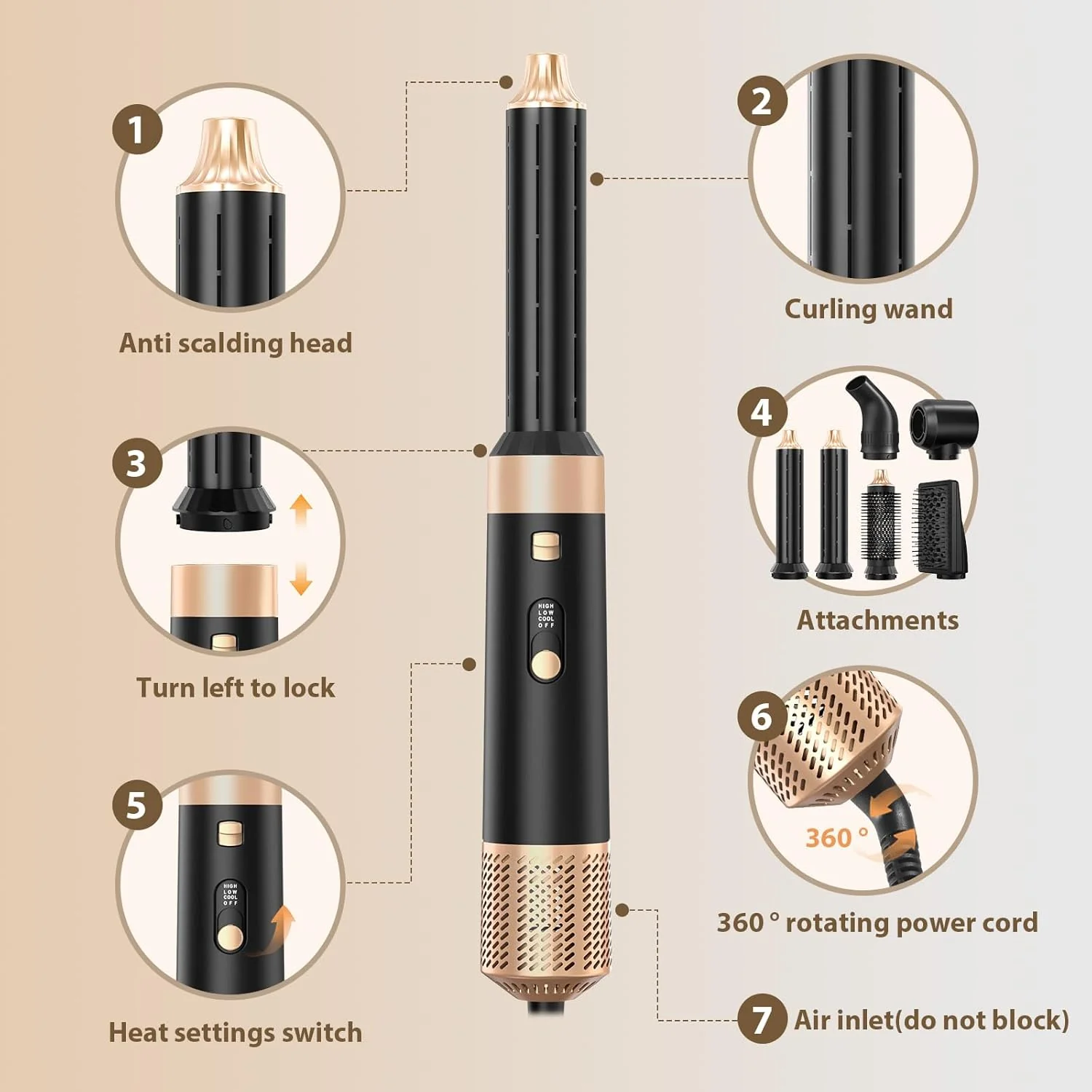 Sendowtek Haarstyler 6 in 1, Airstyler Set 950W Multi Haarstyling Geräte mit 3 Temp Lockenstab Warml - Image 7