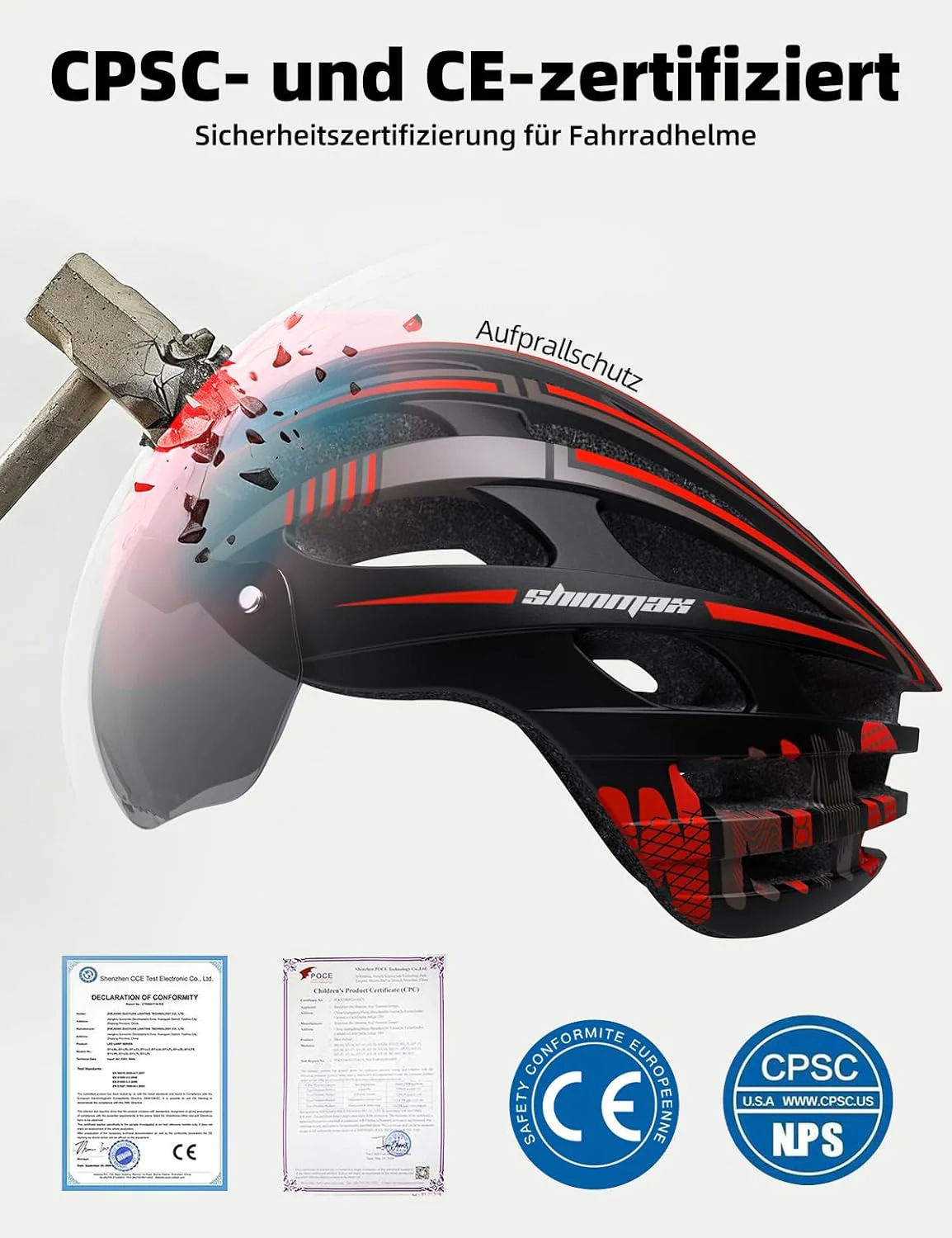Shinmax Fahrradhelm Herren Damen mit Visier, Magnetischer Abnehmbarer Schutzbrille und USB-Aufladung - Image 2