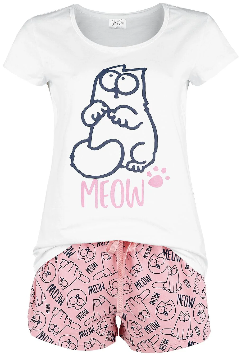 Simon's Cat Meow Frauen Schlafanzug weiss/rosa Fan-Merch, Katzen, Tiere & Haustiere M Weiss/Rosa, M