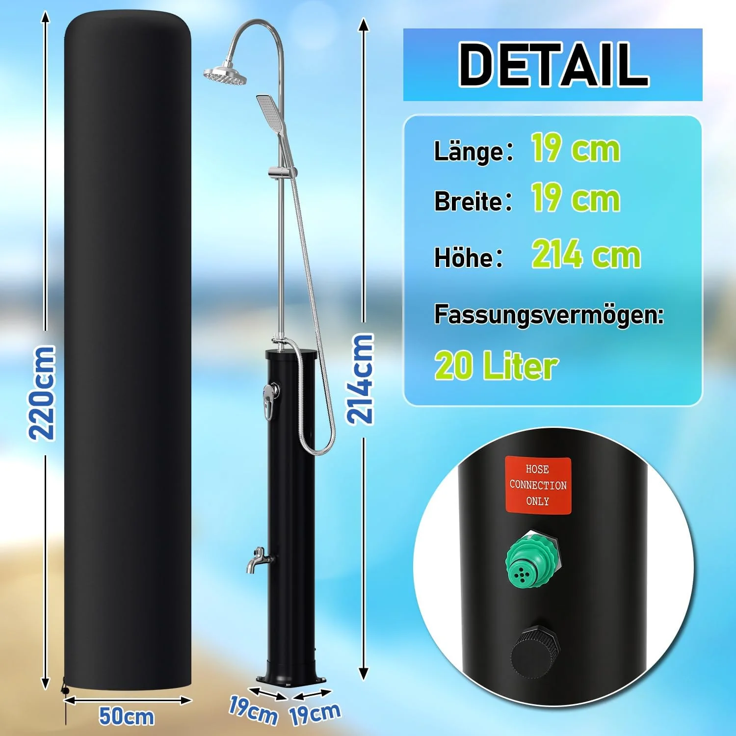 Solardusche 20L Halbe Einzelstab Solar Gartendusche warmes Wasser Bis Zu 60°C Ohne Stromanschluss Po - Image 2