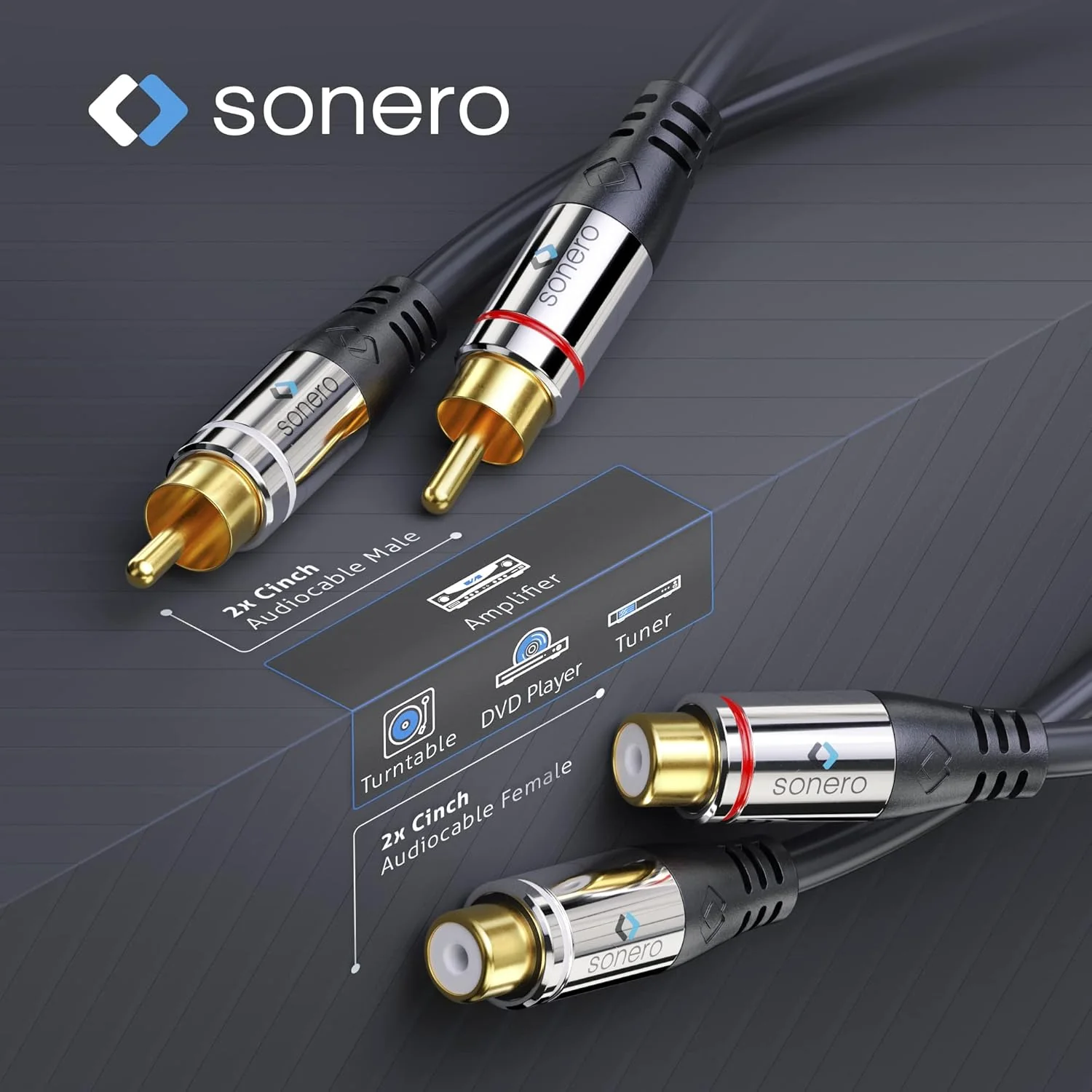 Sonero® Premium 5,00m Cinch Verlängerung, 2x RCA Stecker auf 2x Buchse, Audio Kabel, Subwoofer, HiFi - Image 3