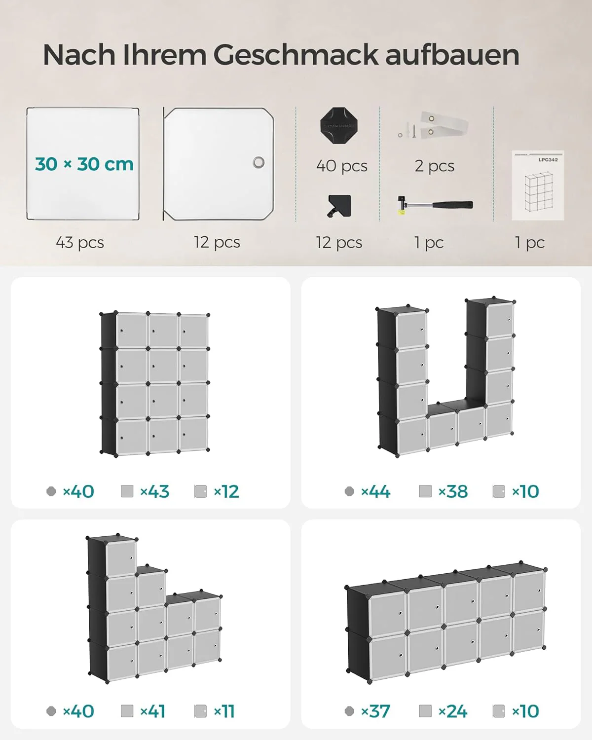 SONGMICS Regalsystem, Schuhregal, Set aus 12 Würfeln, Kleiderschrank aus Kunststoff, mit Türen, Stec - Image 7