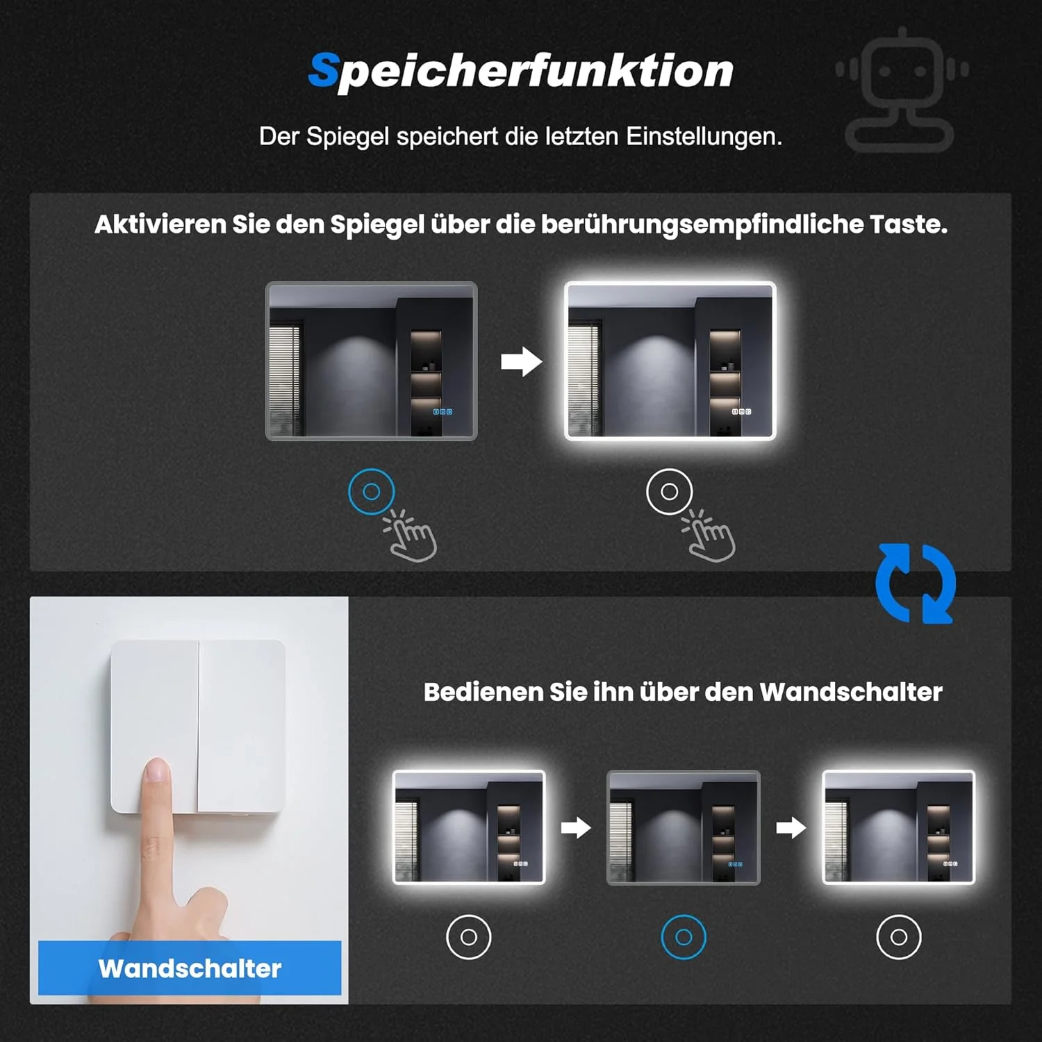 SONNI Badspiegel mit Beleuchtung 80x60 cm, LED Spiegel mit Bluetooth und Touch-Schalter, Dimmbar, Be - Image 6