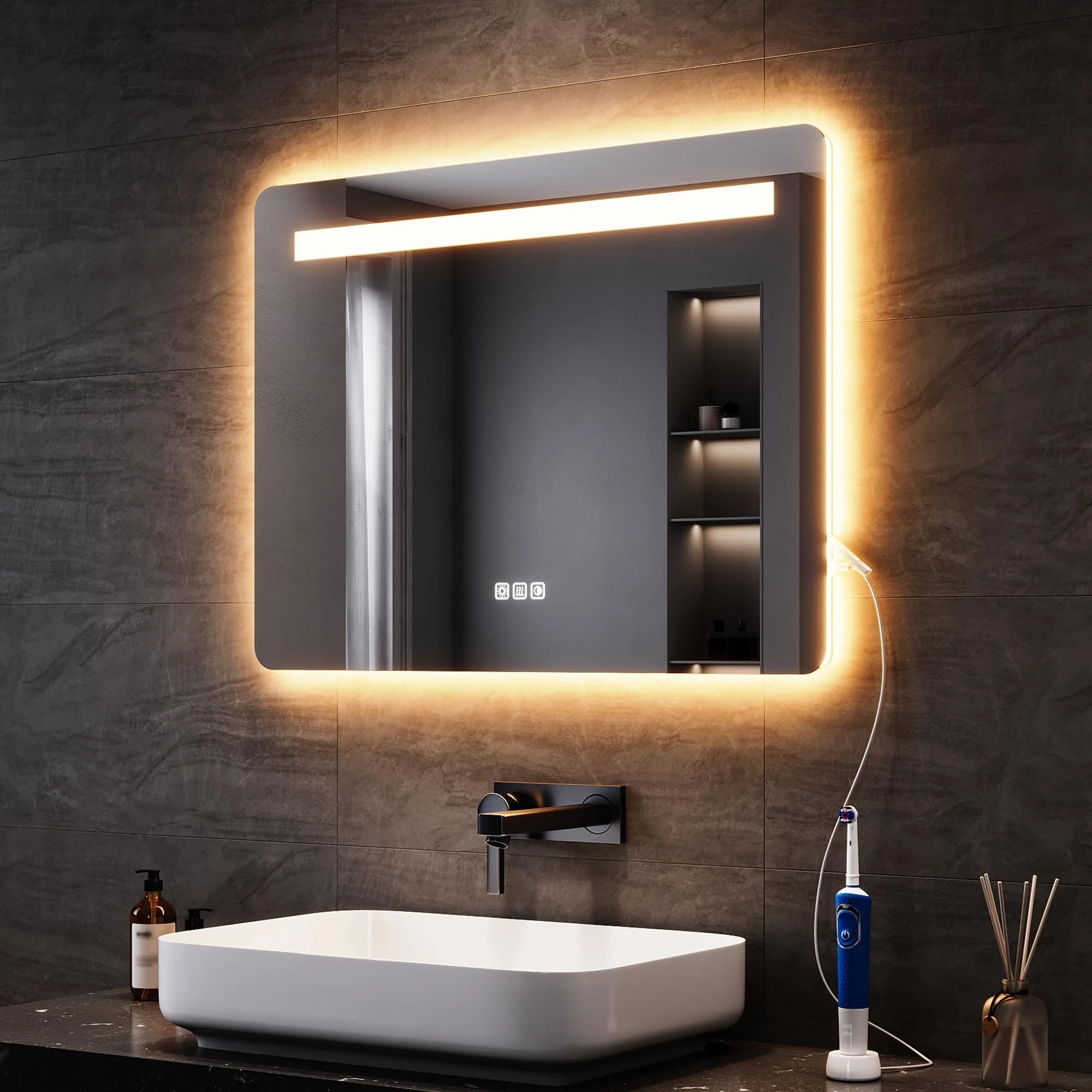 SONNI Badspiegel mit Beleuchtung 80x60 cm, LED Spiegel mit Touch Schalter & Gedächtnisfunktion, 3 ei