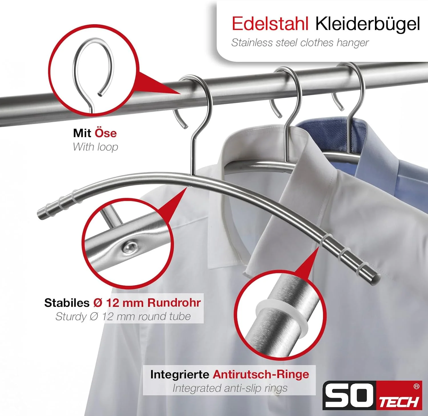 SOTECH 5 Stück Design Kleiderbügel Edelstahl SS201 mit Antirutschringen (Öse 360 Grad drehbar, Rundr - Image 2