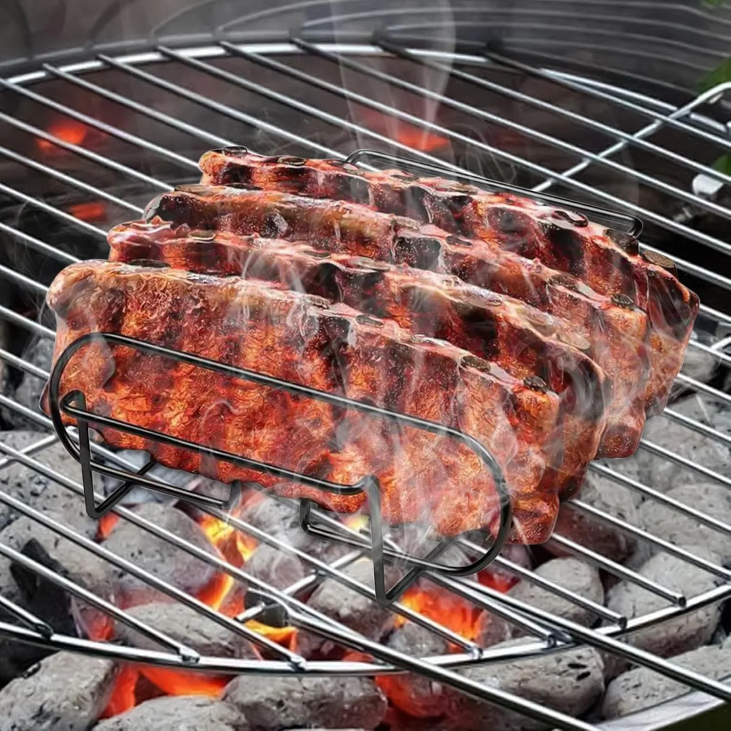 Spareribs Halter Grill, Rippchenhalter für 4 Rippchen, Kohlenstoffstahl Barbecue Rost, BBQ Rib Rack, - Image 3