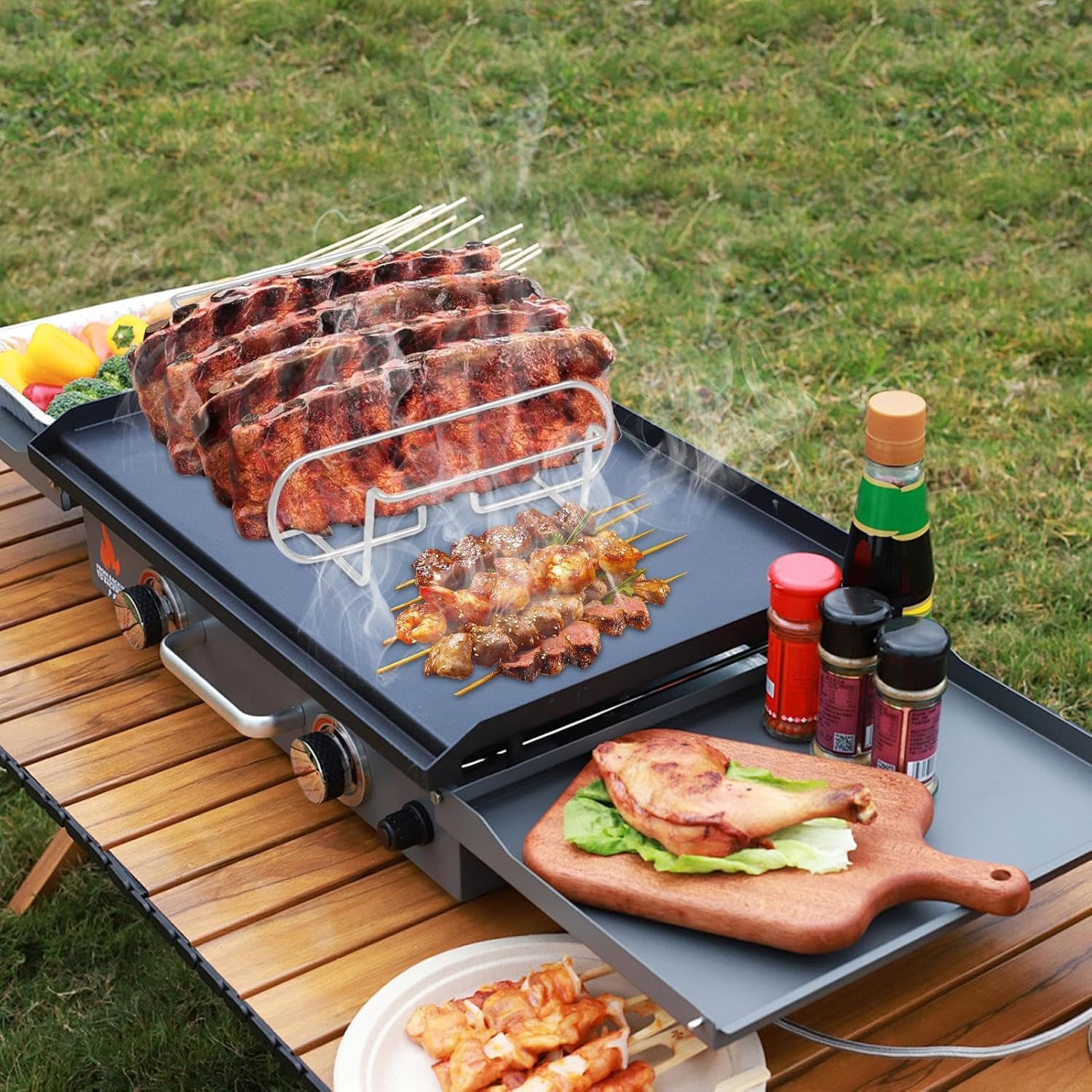 Spareribs Halter Grill, Rippchenhalter für 4 Rippchen, Kohlenstoffstahl Barbecue Rost, BBQ Rib Rack, - Image 3