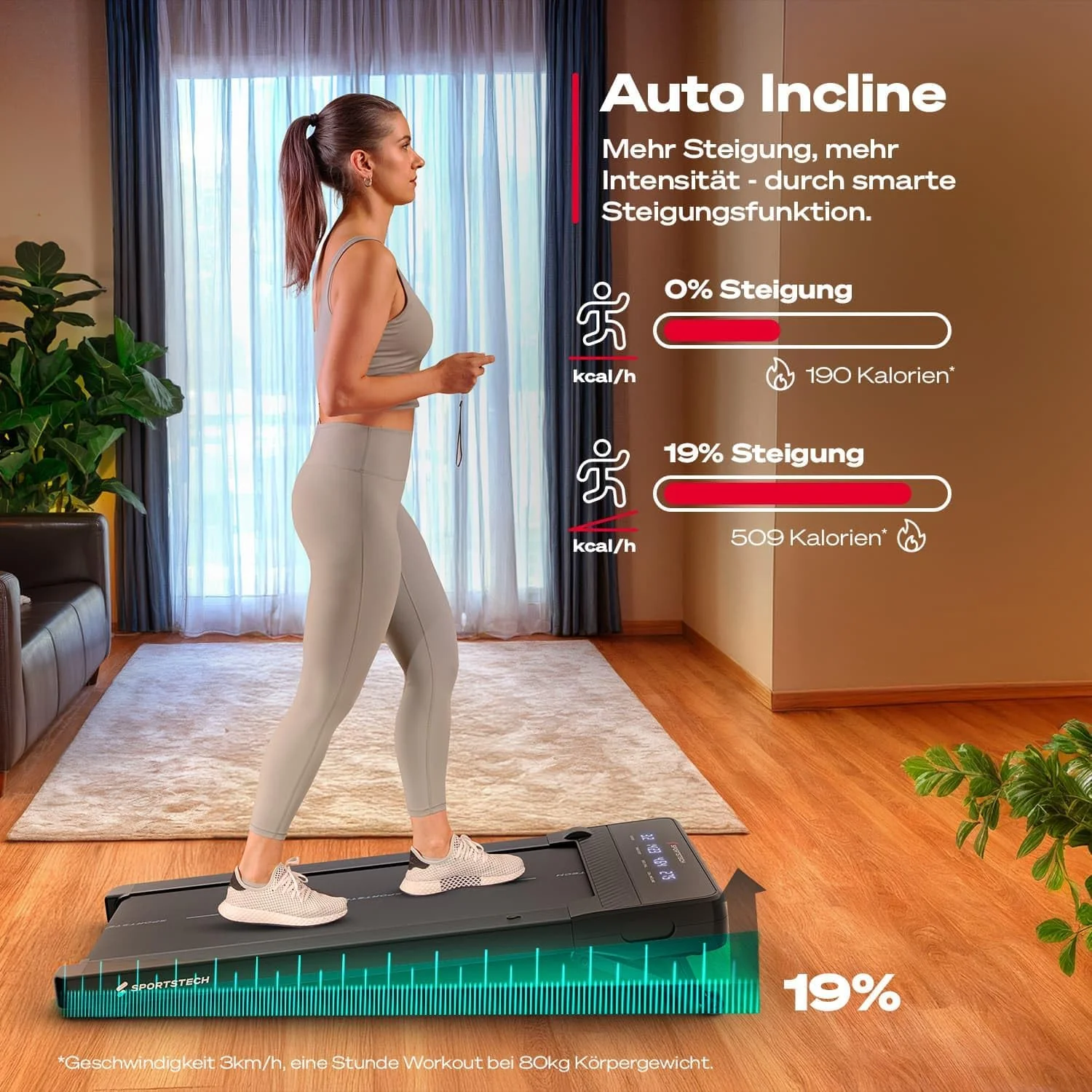 Sportstech Walking Pad, automatische Steigung bis 19%, Laufband für Zuhause und Schreibtisch, LED-Di - Image 2