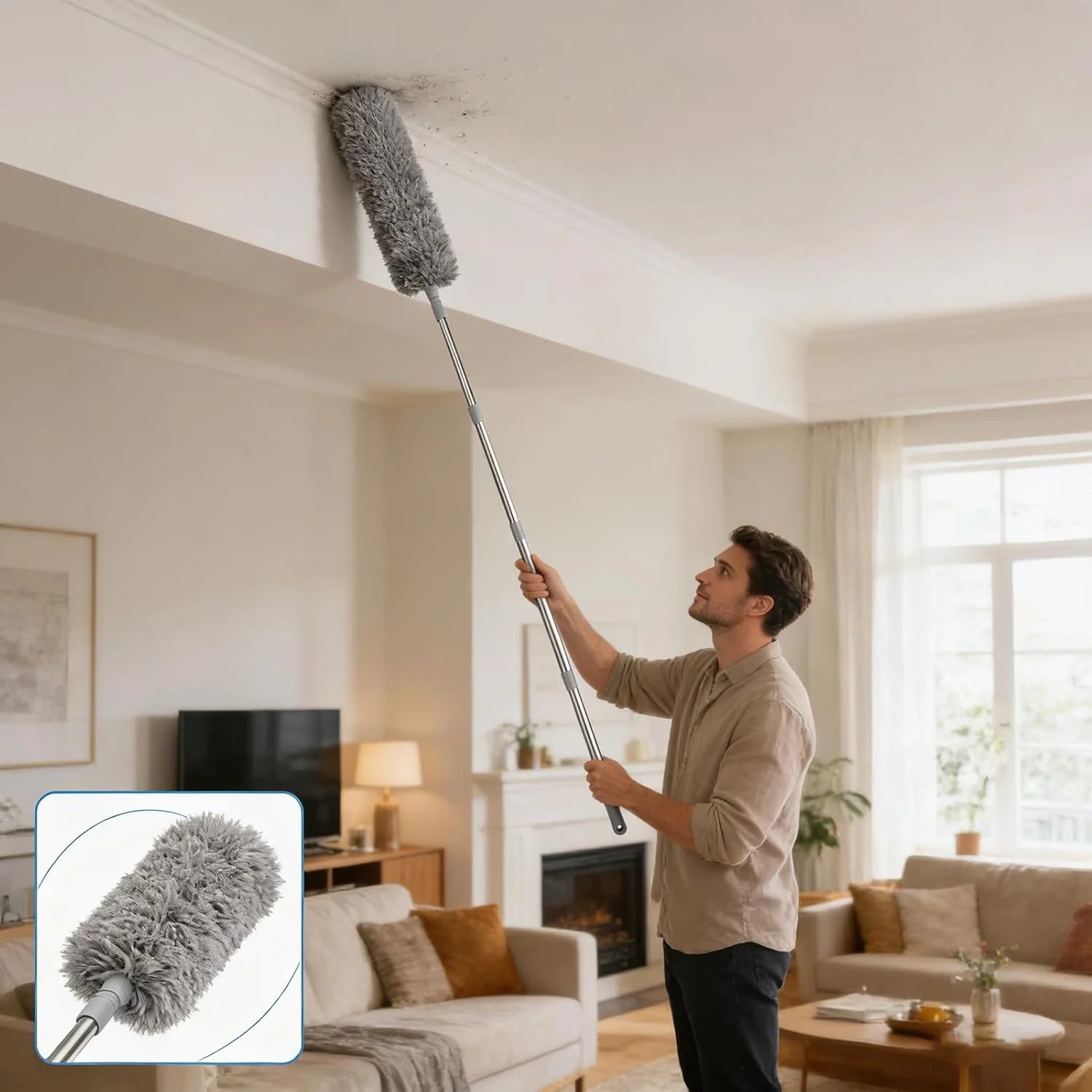 Staubwedel Teleskop Waschbar, 4,9m Staubwedel Waschbar, Putzen Zubehör Haushalt DREI Reinigungsköpfe - Image 3