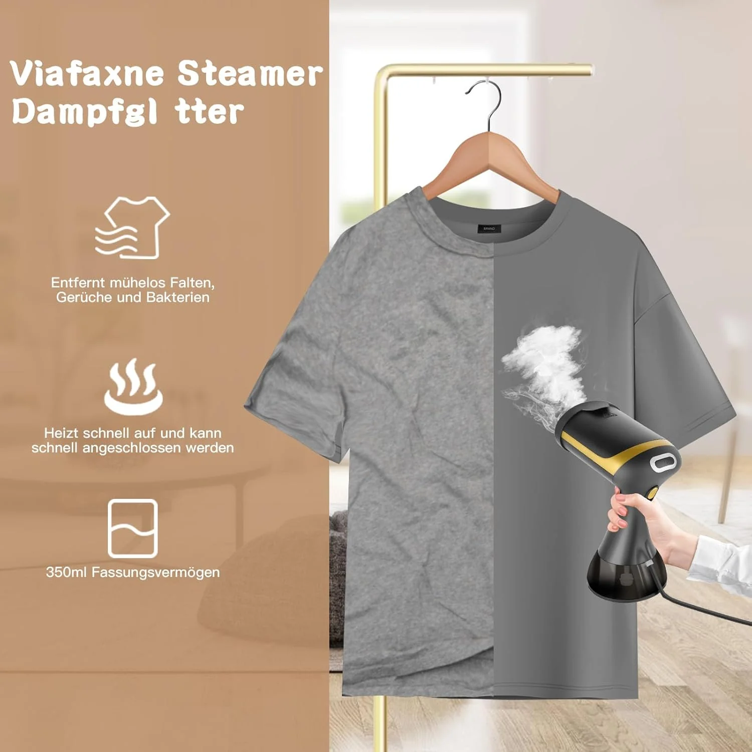 Steamer Dampfglätter 1500W, Viafexna Dampfbürste Steamery mit 350ML Wassertank, Quick De-Wrinkle Dam - Image 3