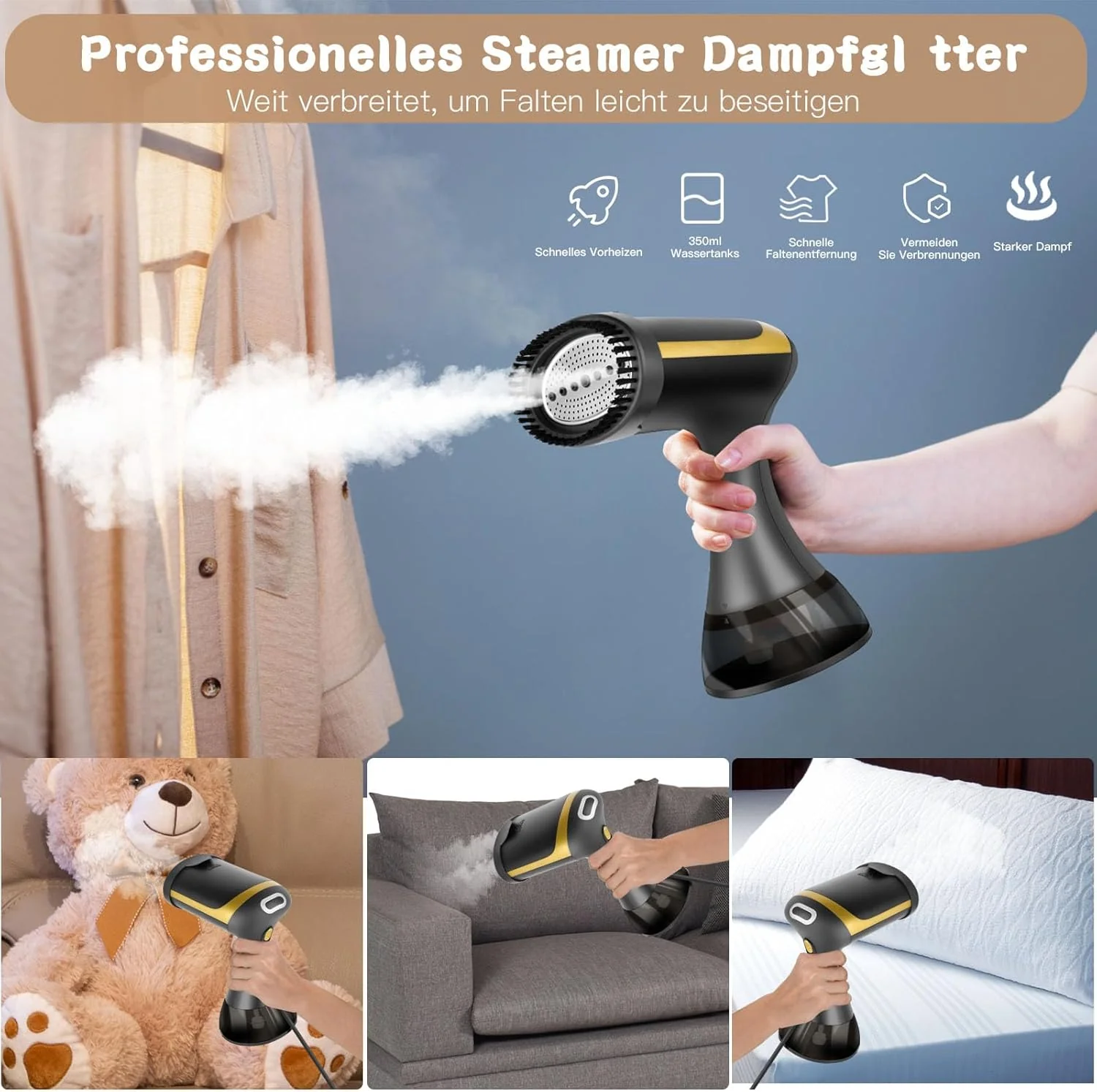 Steamer Dampfglätter 1500W, Viafexna Dampfbürste Steamery mit 350ML Wassertank, Quick De-Wrinkle Dam - Image 4