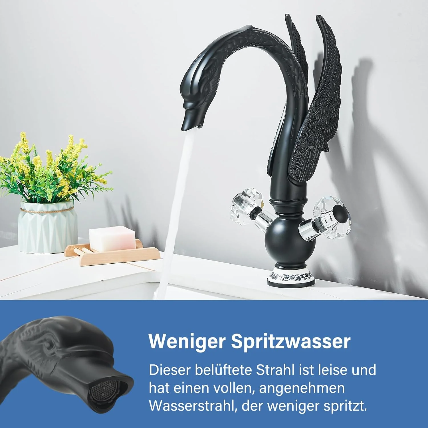 Suguword Wasserhahn Badarmatur mit Tierschwan-Design, Schwarz, Waschtischarmatur für Badezimmer, Was - Image 2