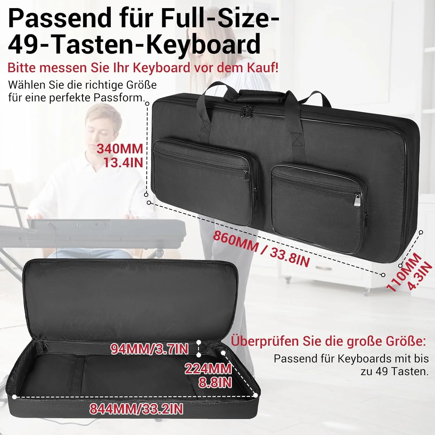SUNDOY 49-Key Keyboard Tasche aus 600D Oxford-Gewebe, Gig Bag mit 8 mm Polsterung für Keyboard & Zub - Image 3