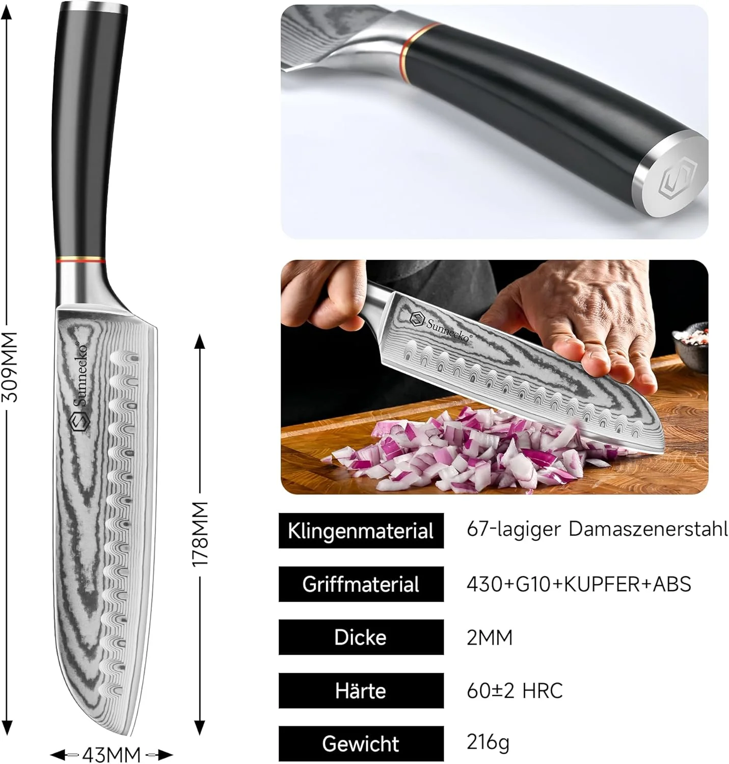 Sunnecko Santoku Messer Damastmesser 17cm, Hochwertiges Küchenmesser aus VG-10 Stahl, Fleischmesser - Image 2
