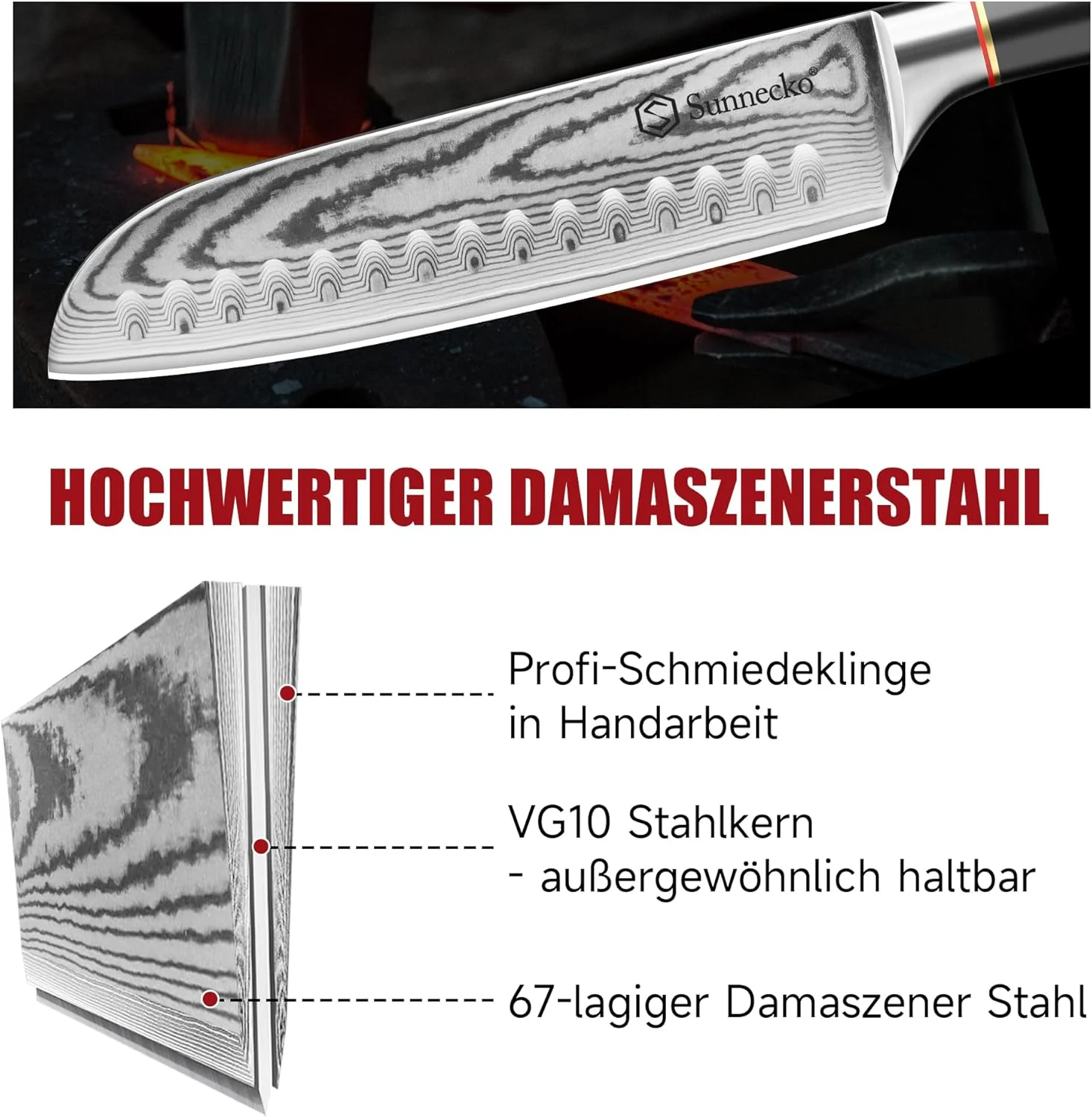 Sunnecko Santoku Messer Damastmesser 17cm, Hochwertiges Küchenmesser aus VG-10 Stahl, Fleischmesser - Image 4