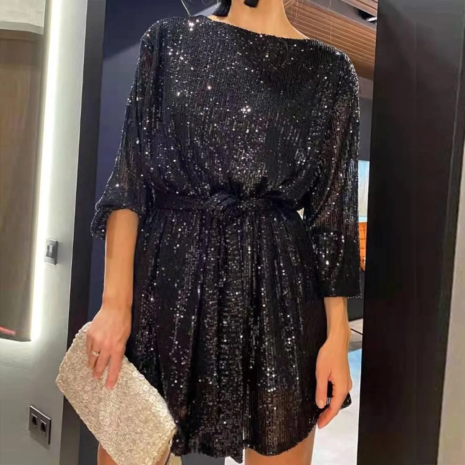 Sunnyuk Pailettenkleider für Damen Gold Glitzerkleid Partykleid Kurz Silber Schwarz Glitzer Kleid Pa - Image 2