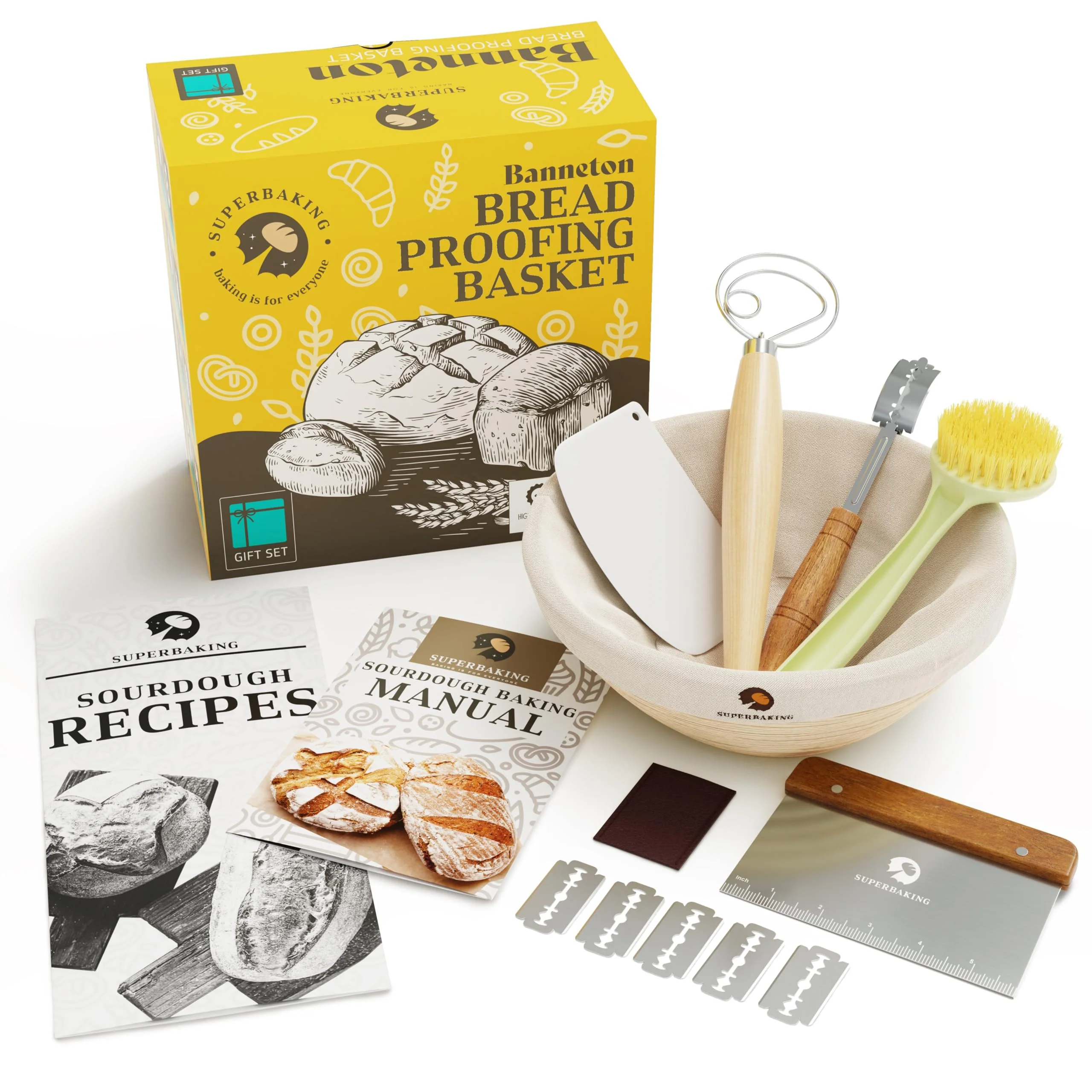 Superbaking Banneton Brotgärkörbchen Geschenk-Set für Bäcker, rund, 22,9 cm, Sauerteig-Brot-Backzube
