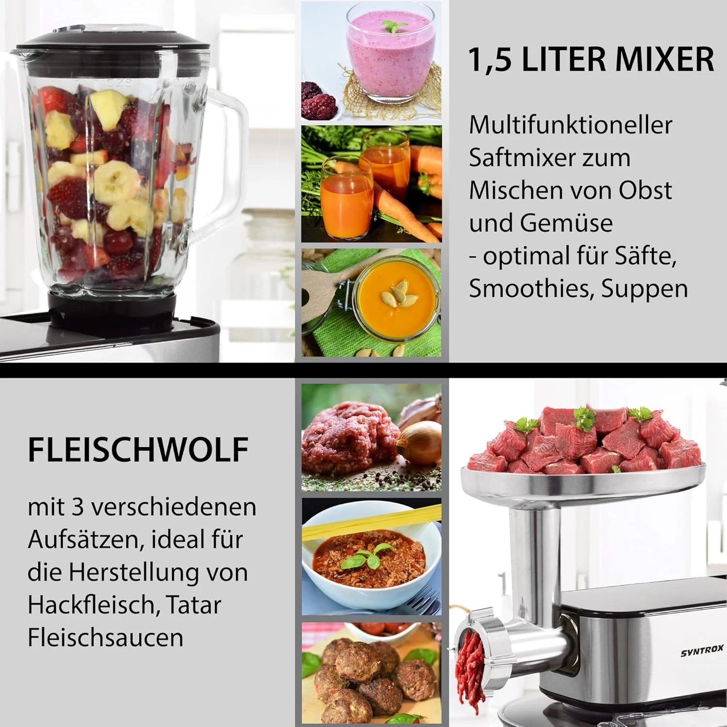 Syntrox Germany KM-1300W de Luxe Marseille Küchenmaschine Knetmaschine Mixer, Edelstahl-Behälter, 6 - Image 2