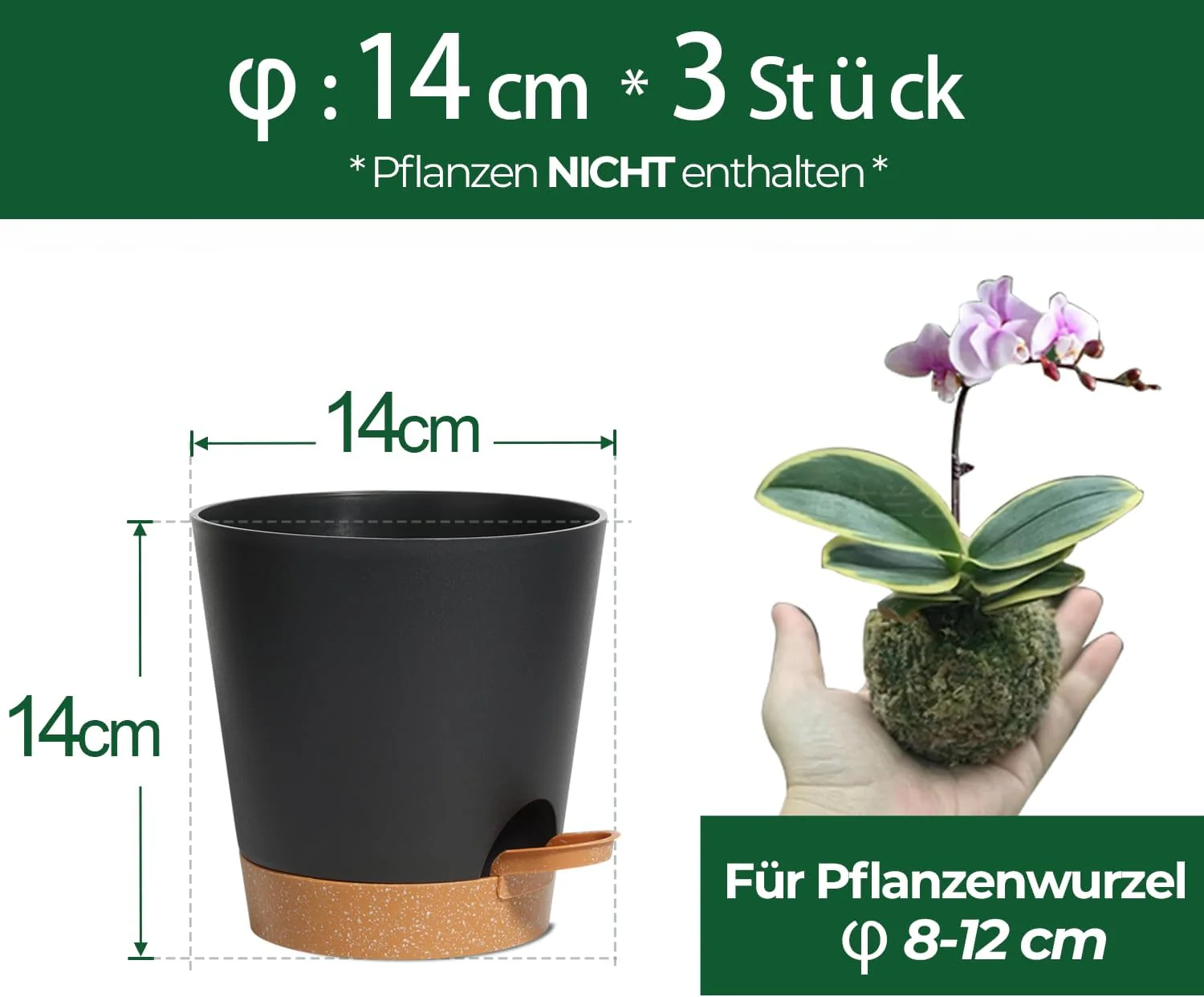 T4U 14cm Blumentopf mit Selbstbewässerung, 3er-Set Blumentopf mit Untersetzer, ideal für Innen- und - Image 2