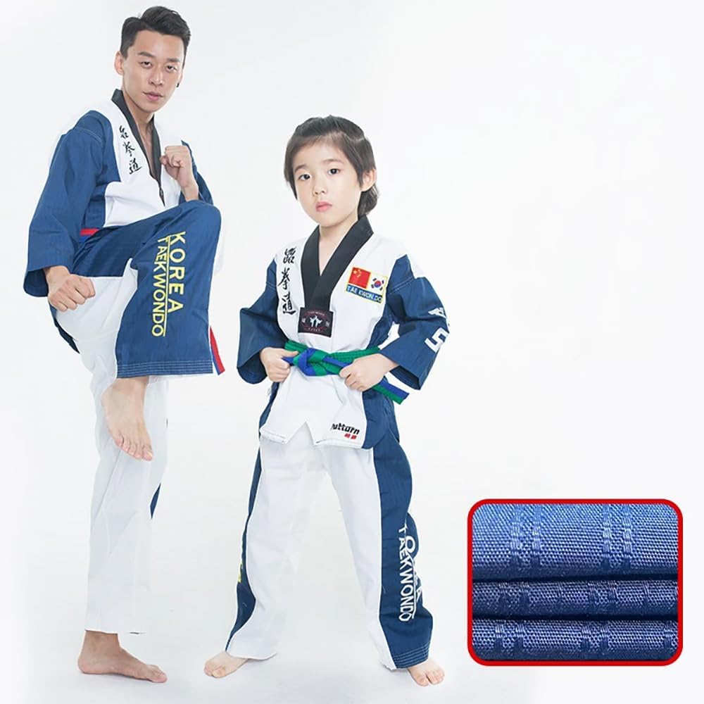 Taekwondo Gi Set DobokTaekwondo Standard Uniform TKD Anzug mit Gürtel Blau-Weiss 130, Blau-Weiß - Image 6