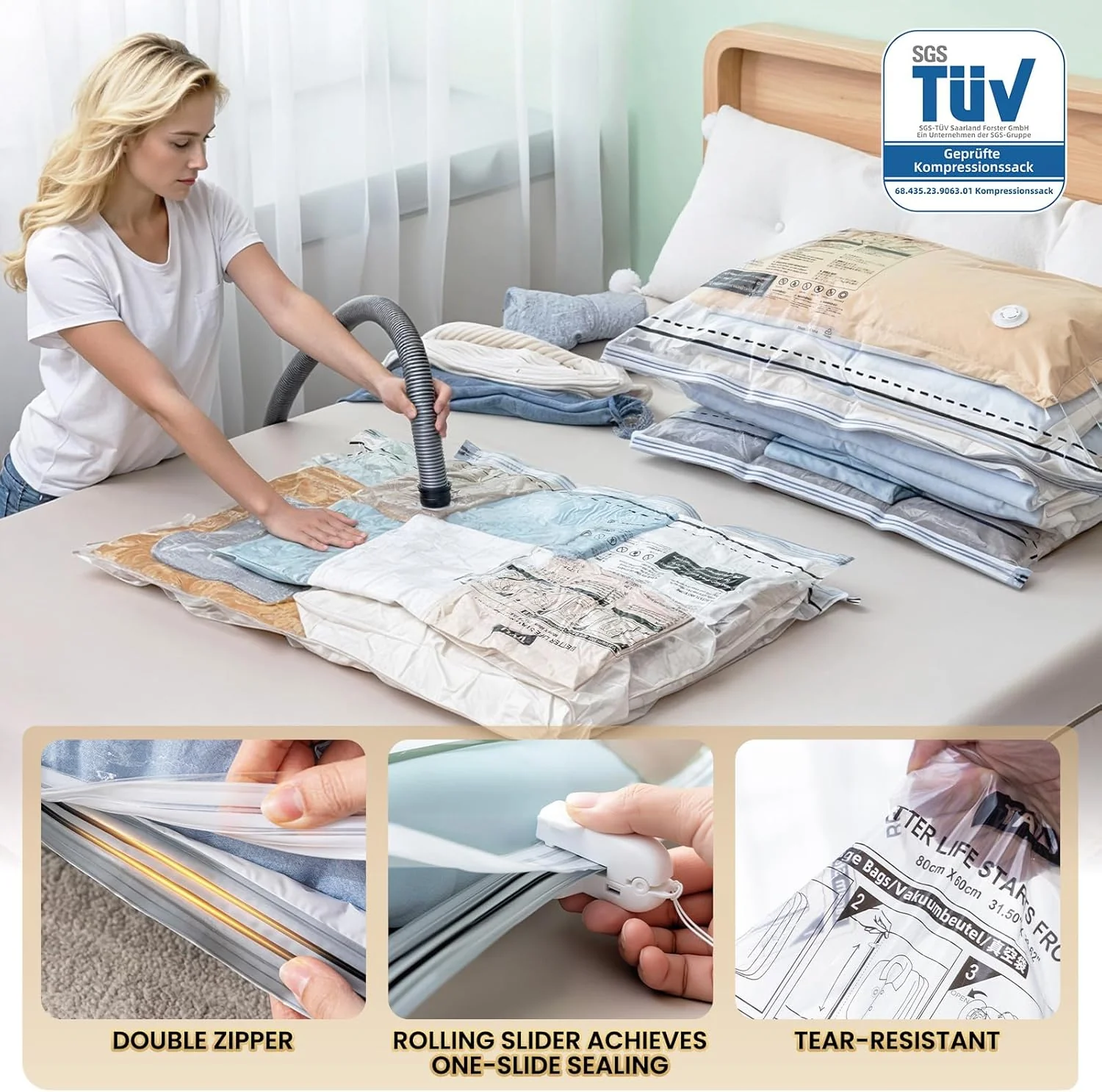 TAILI Vakuumbeutel für Kleidung mit Langer Reissverschluss 8 Stück Extra Grosse 100 X 70 CM Vakuumie - Image 2