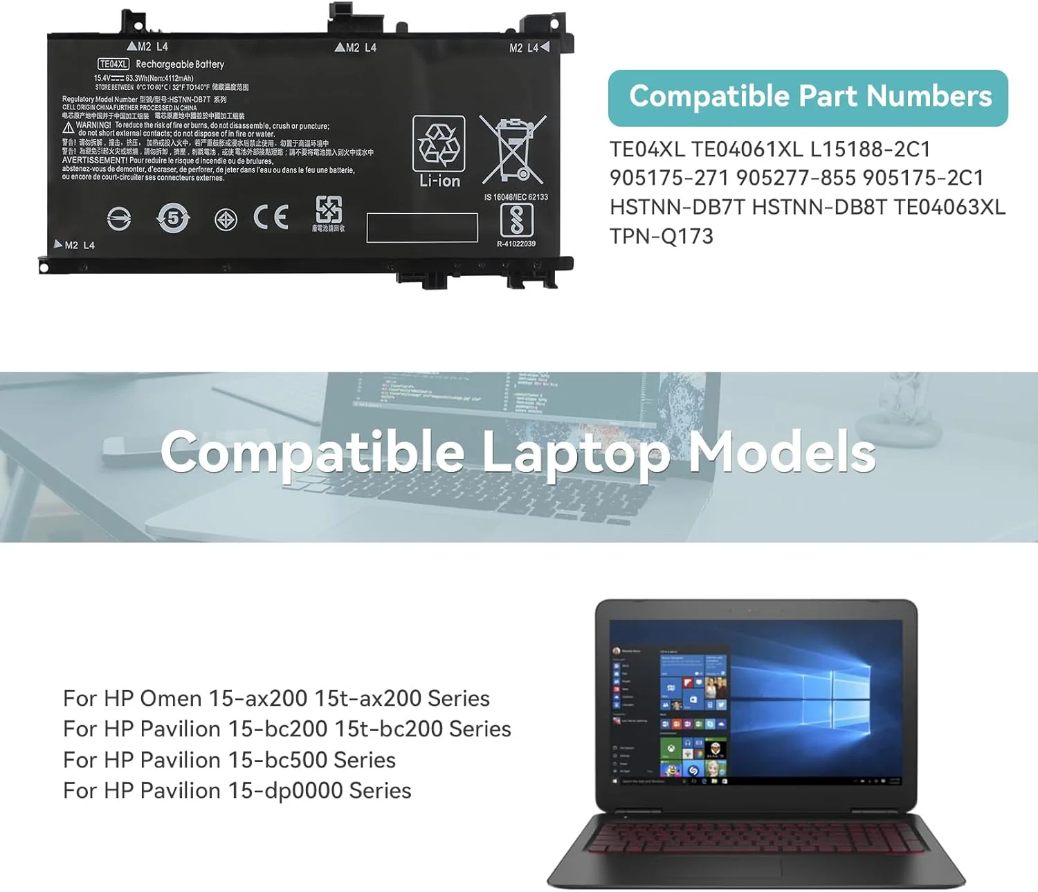 TE04XL Laptop Akku für HP Omen 15-AX200 Pavilion 15-BC200 15-bc200nx bc201nl bc203nw bc204nf bc206nl - Image 3