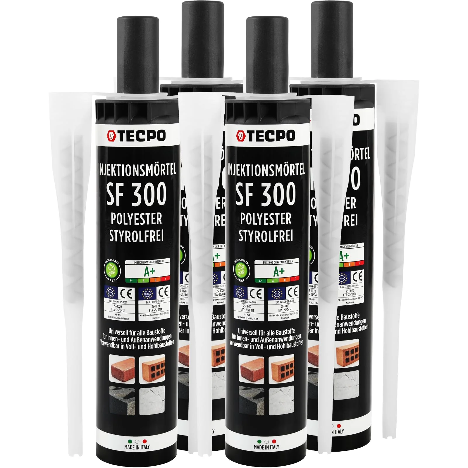 TECPO 4x Injektionsmörtel SF 300 ml inkl. Statikmischer Vebundsmörtel Ankerkleber Innen & Aussen Mör