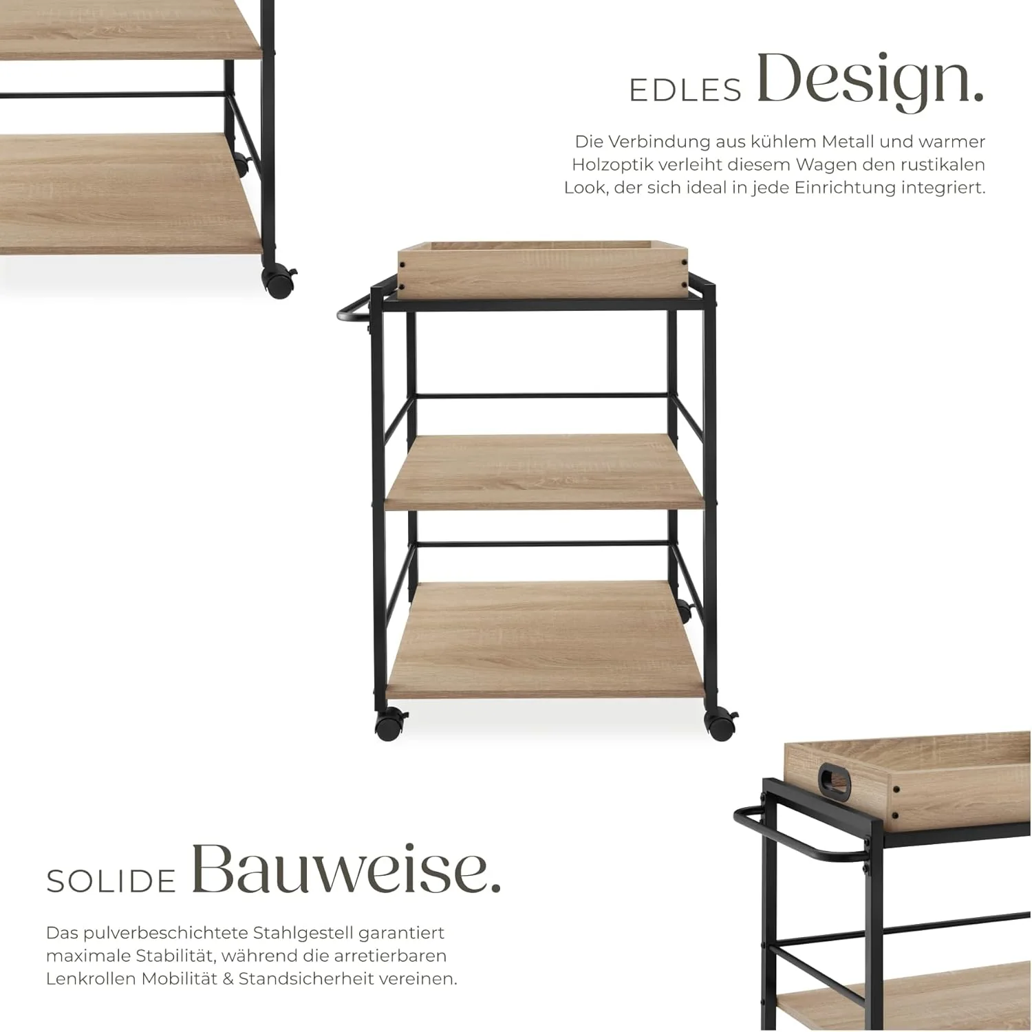 tectake® Servierwagen mit Rollen, abnehmbares Tablett, Kitchen Trolley 65 x 41,5 x 87 cm, Küchenwage - Image 3