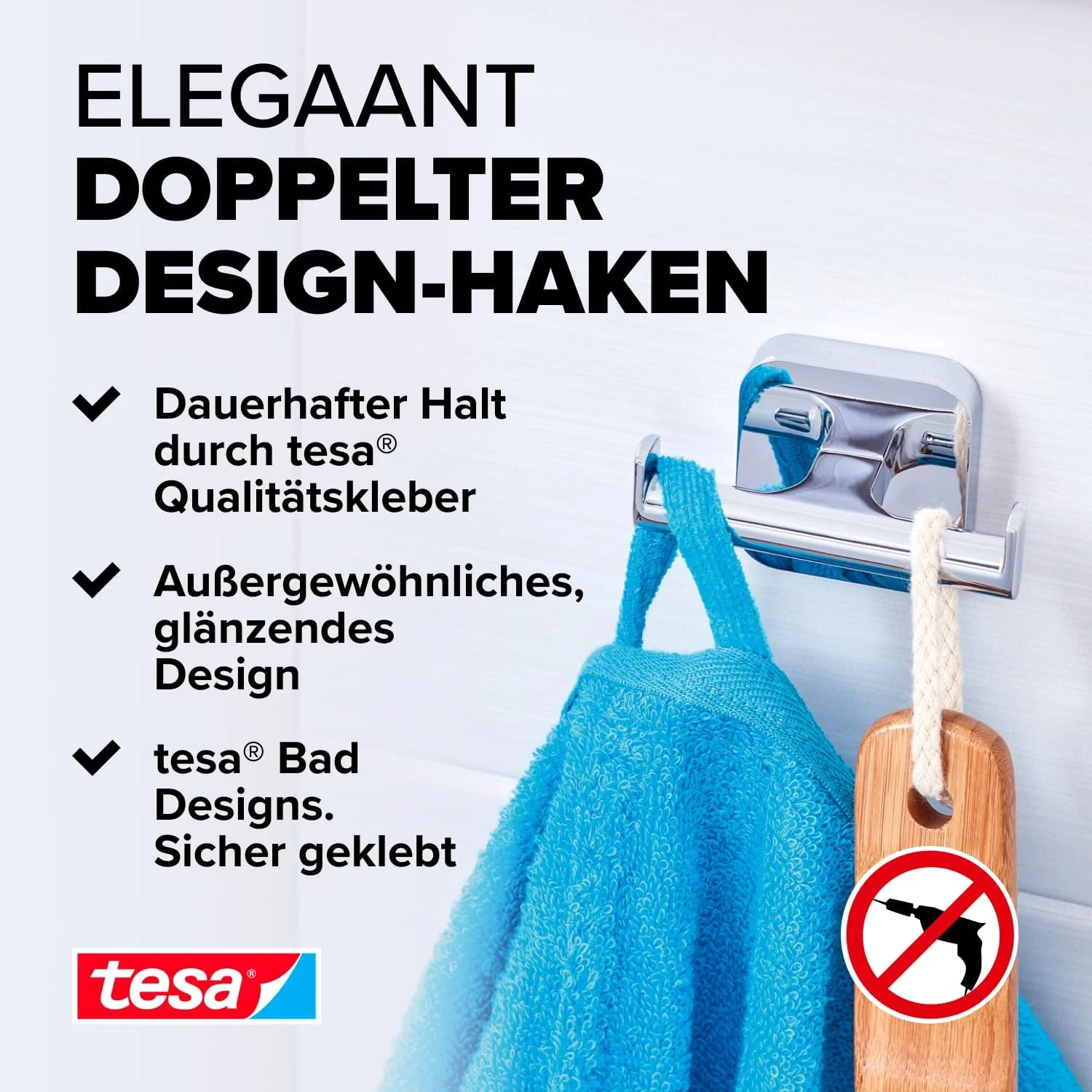 tesa ELEGAANT Doppel-Handtuchhaken, verchromt - Bad-Haken mit doppelter Aufhänge-Lösung, zur Wandbef - Image 2