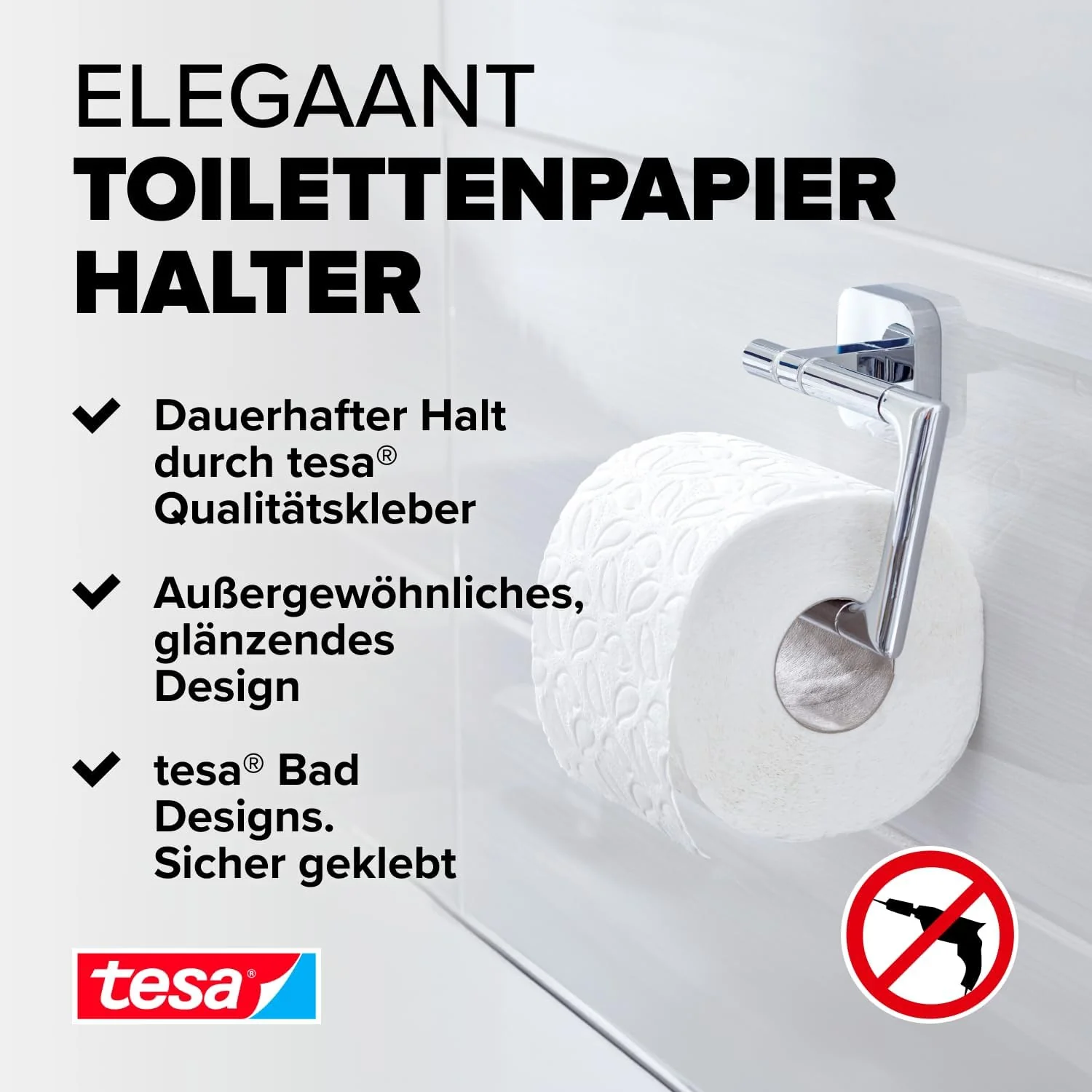 tesa ELEGAANT Toilettenpapierhalter ohne Deckel, verchromt - zur Wandbefestigung ohne Bohren, inkl. - Image 2