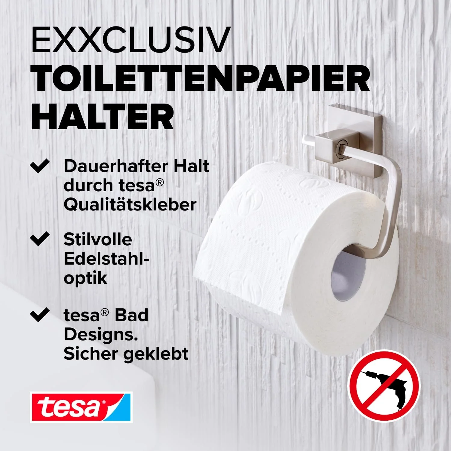 tesa EXXCLUSIV Toilettenpapierhalter ohne Deckel, verchromt - zur Wandbefestigung ohne Bohren, inkl. - Image 2