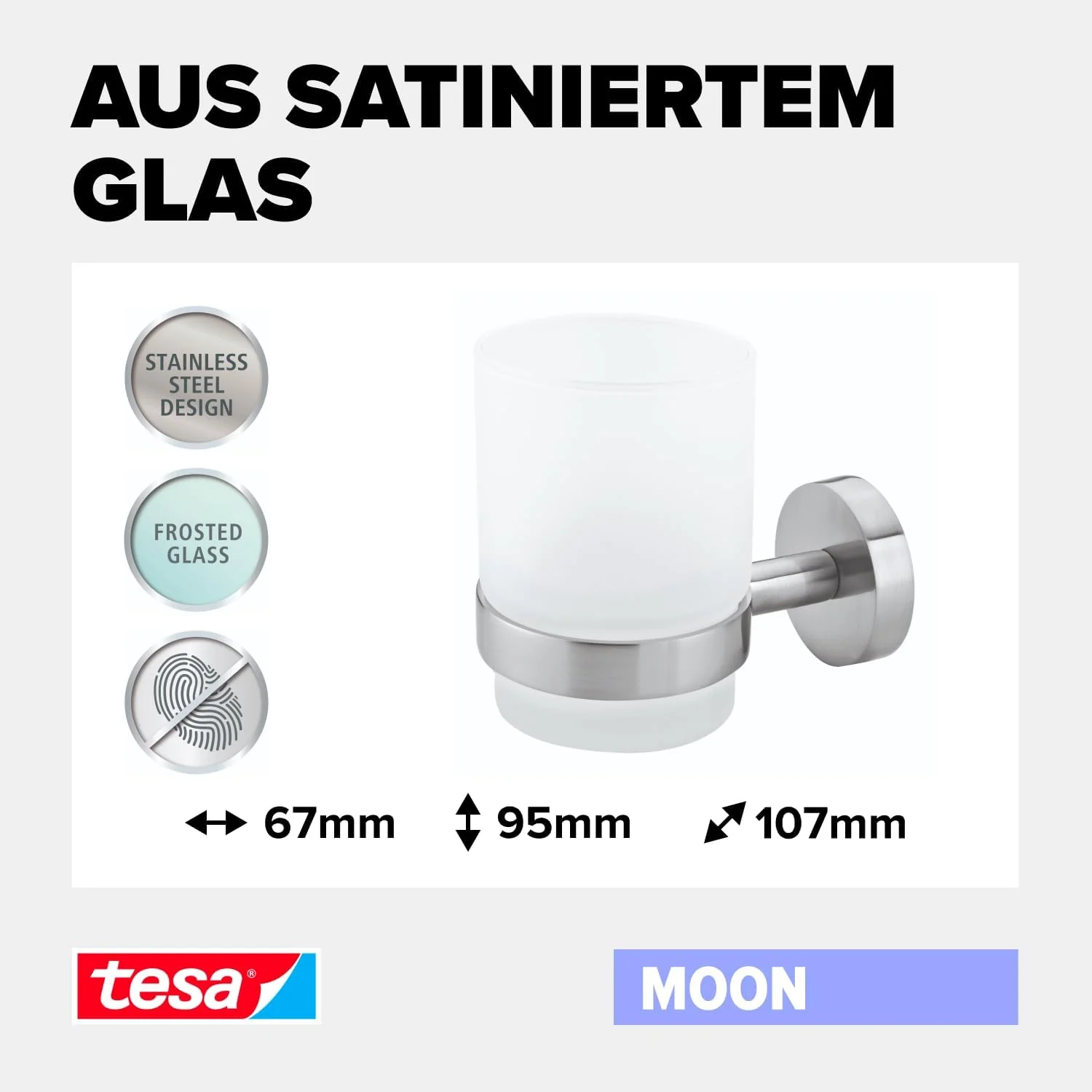 tesa Moon Zahnputzbecher mit Halterung - Becher aus satiniertem Glas, verchromte Wandhalterung - zur - Image 3