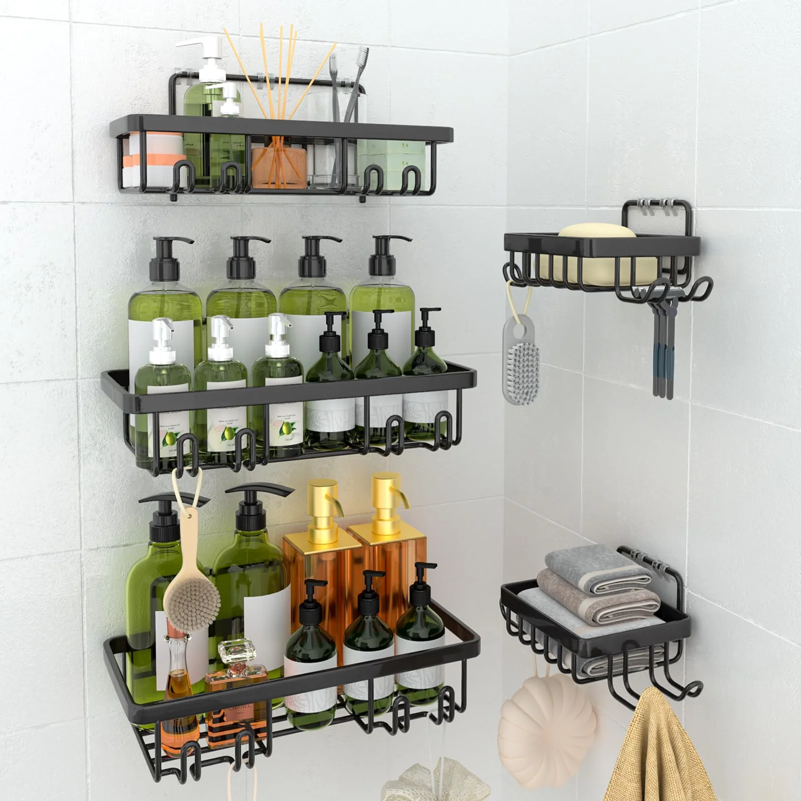 TGNISI Duschablage Ohne Bohren 5 Set mit Seifenhalter Badezimmer Regal Badezimmer Organizer Schwarz