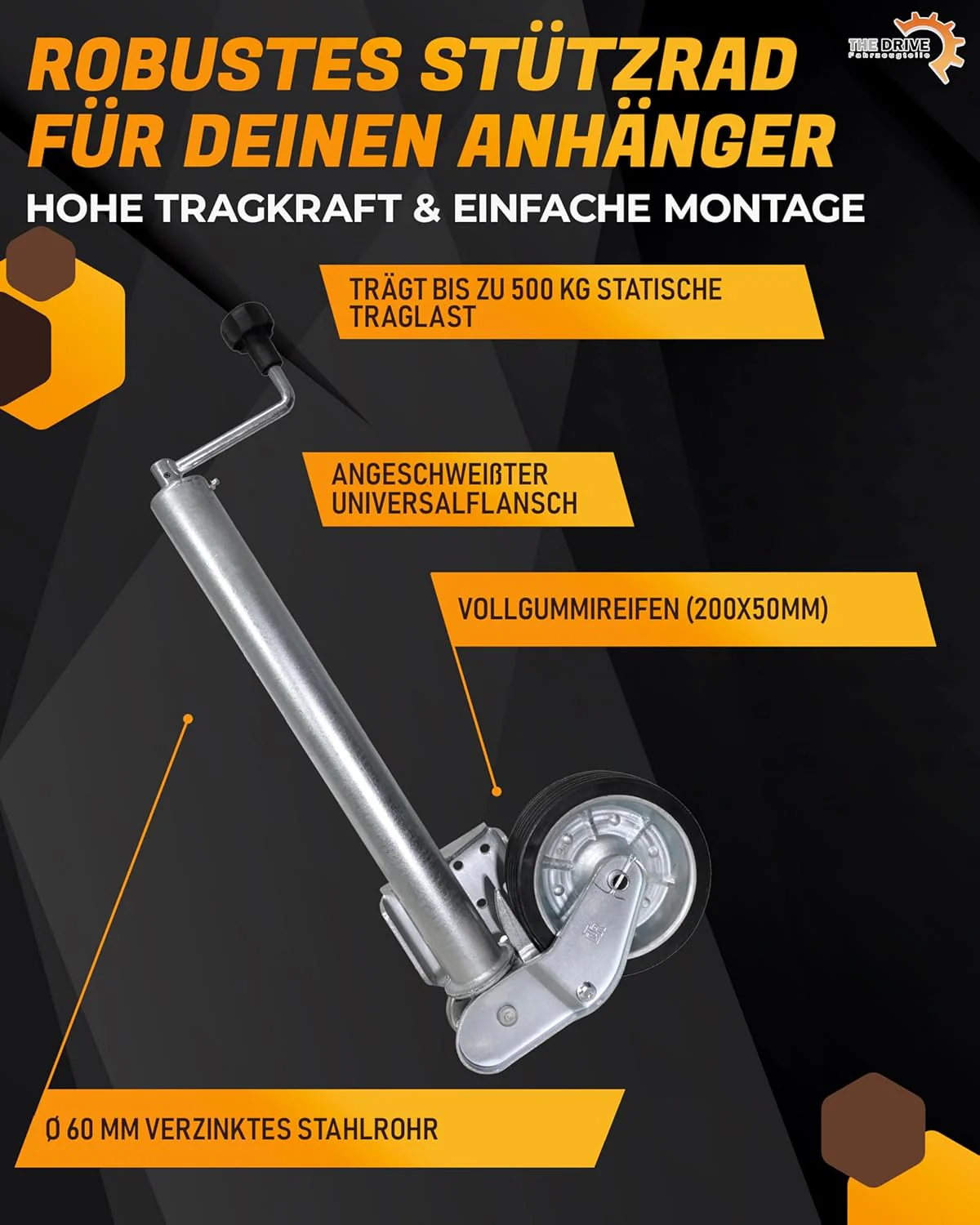 The Drive | Anhänger Stützrad 500KG | vollautomatik | Ø 60mm Rohr mit Anbauflansch | XL-Rohr 560mm | - Image 2