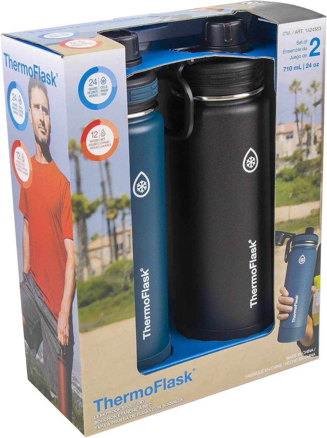 ThermoFlask Doppelwandige, vakuumisolierte Edelstahl-Wasserflaschen, 680 ml, Maya-Blau/Schwarz, 2 St - Image 2