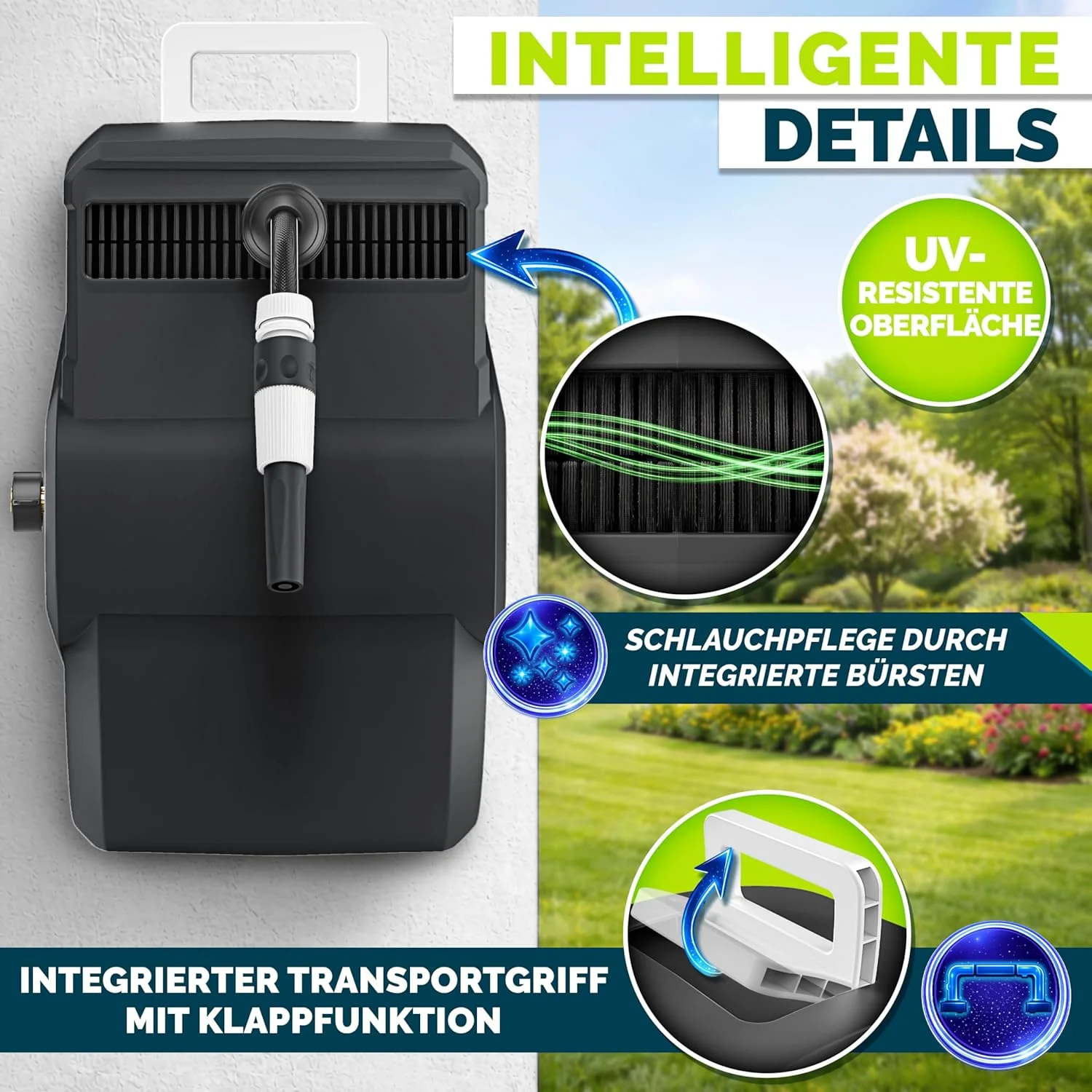 tillvex Schlauchtrommel Wasser mit Wandhalterung + Tragegriff | Schlauchaufroller mit Handbrause und - Image 7