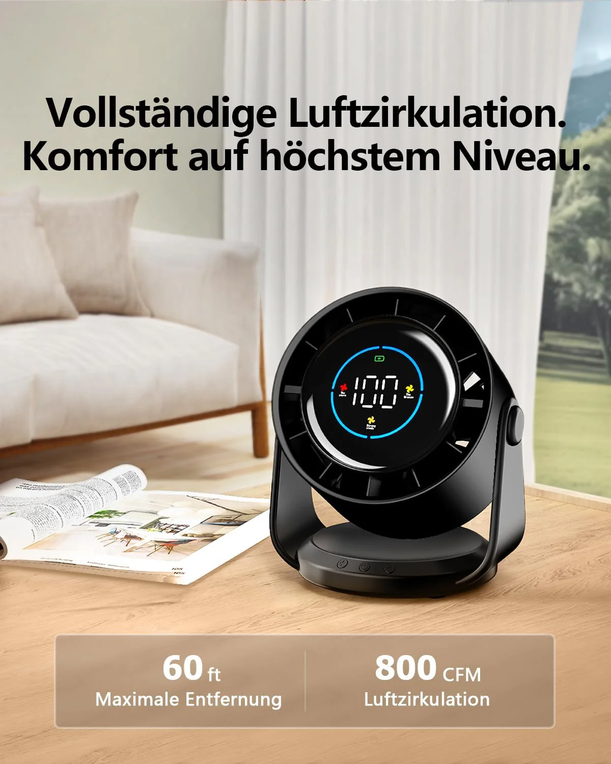 Tischventilator, USB Ventilator mit 100 Geschwindigkeitsstufen 105° Schwenkfunktion LED Display mit - Image 2