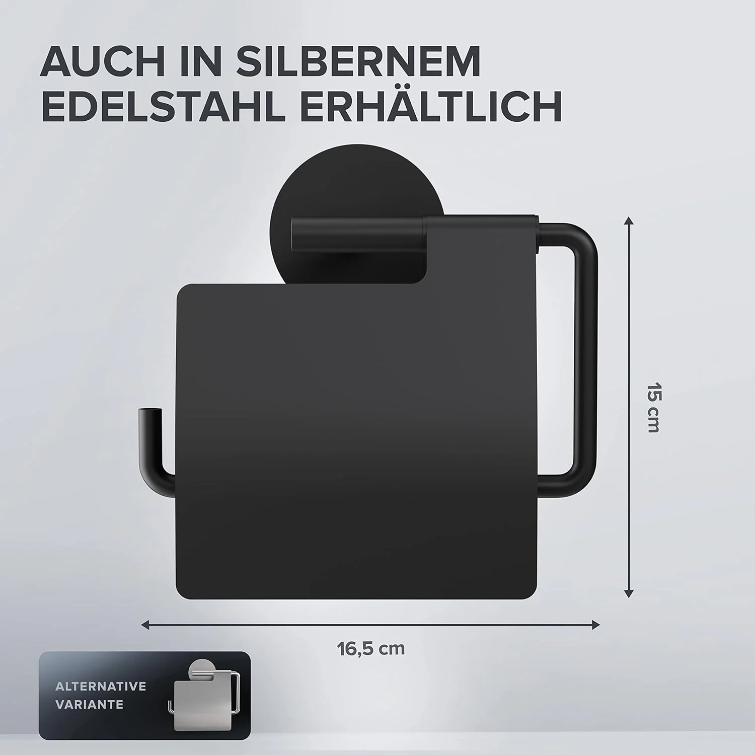 Toilettenpapierhalter Heroya mit Deckel ohne Bohren schwarz matt | Klopapierhalter selbstklebend | K - Image 3