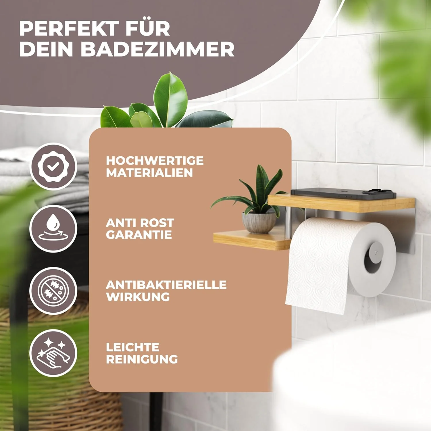 Toilettenpapierhalter Holz Bambus [KLEBEN oder Bohren] | hochwertiger Klopapierhalter ohne Bohren mi - Image 4