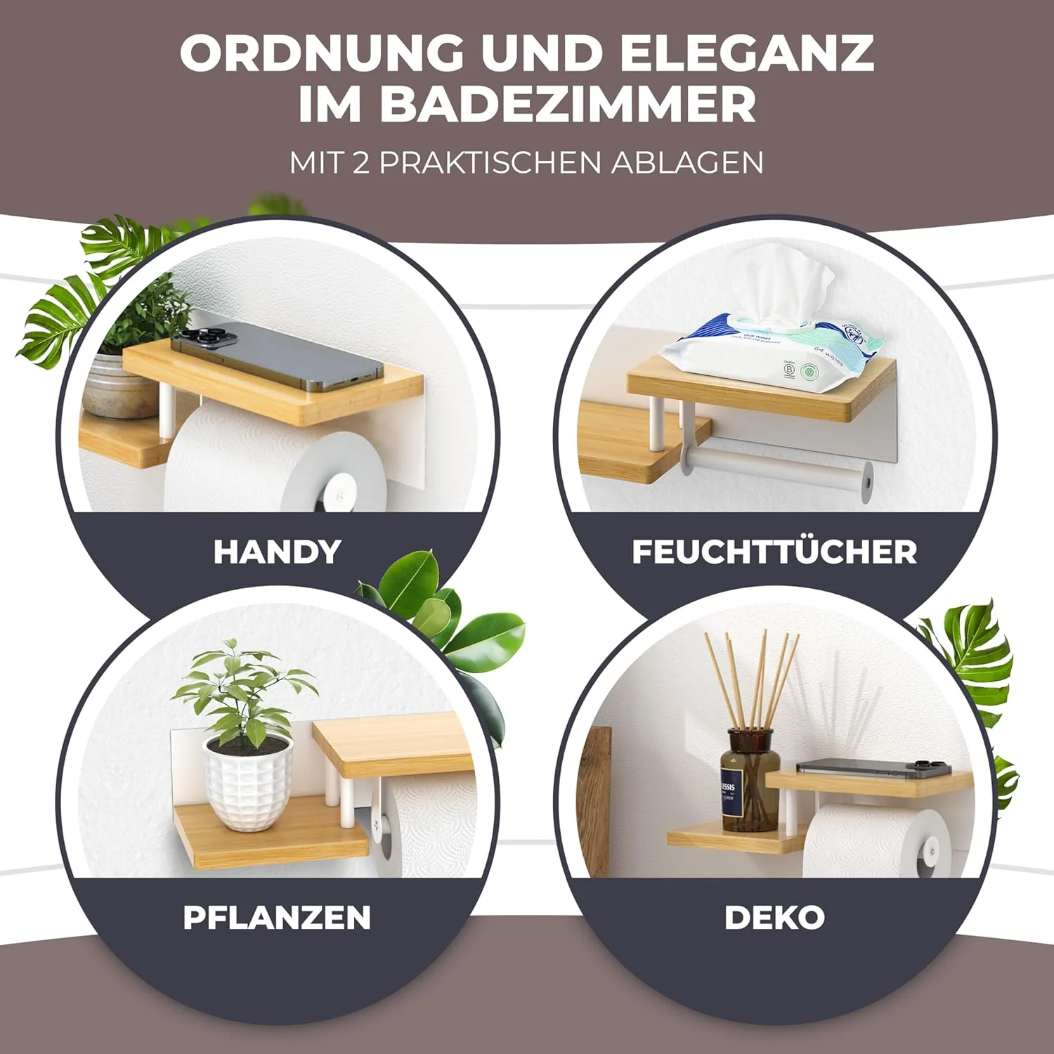 Toilettenpapierhalter Holz Bambus [KLEBEN oder Bohren] | hochwertiger Klopapierhalter ohne Bohren mi - Image 2