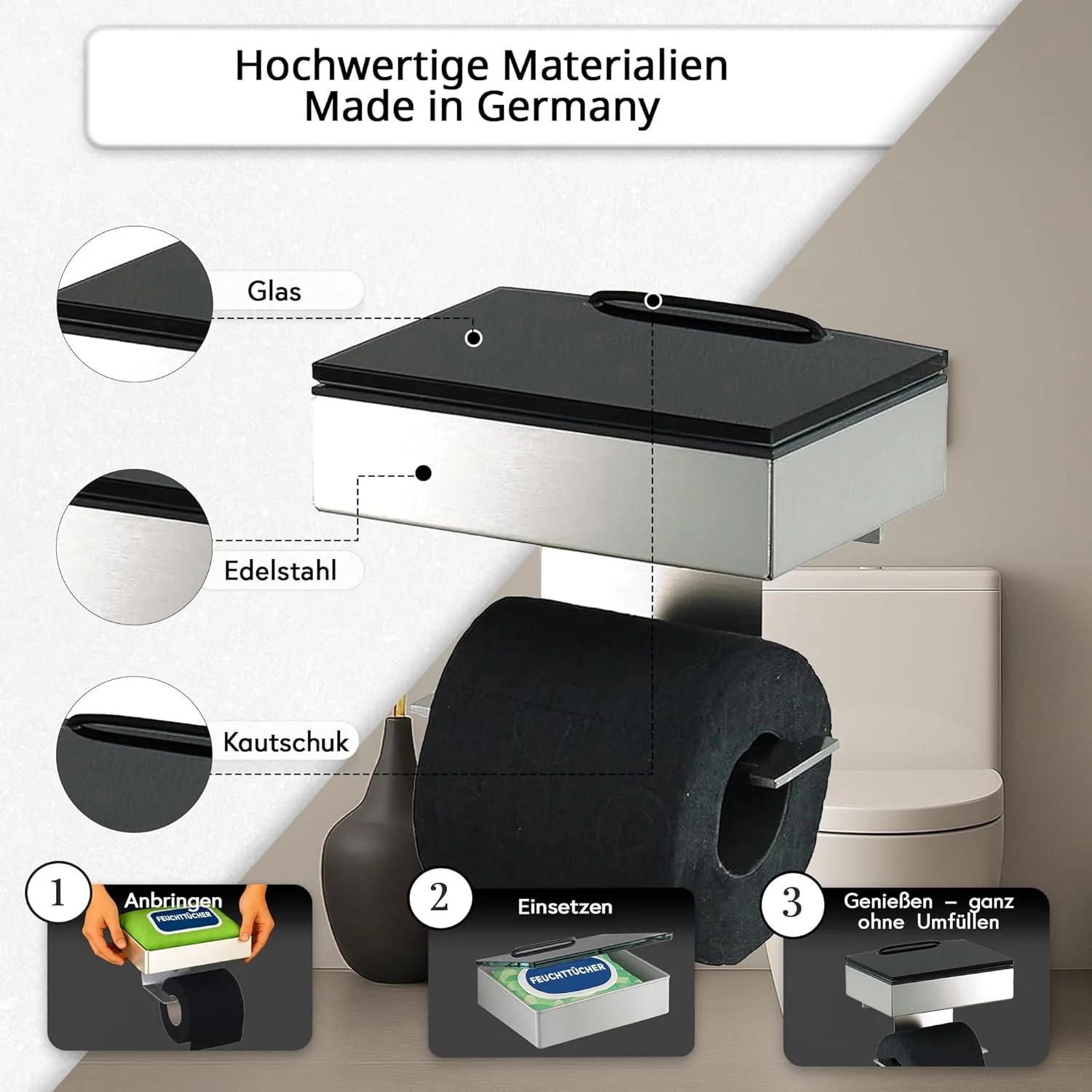 Toilettenpapierhalter mit Feuchttücherbox - Gehäuse Poliert & Abdeckung Glas Schwarz- befüllbar von - Image 5